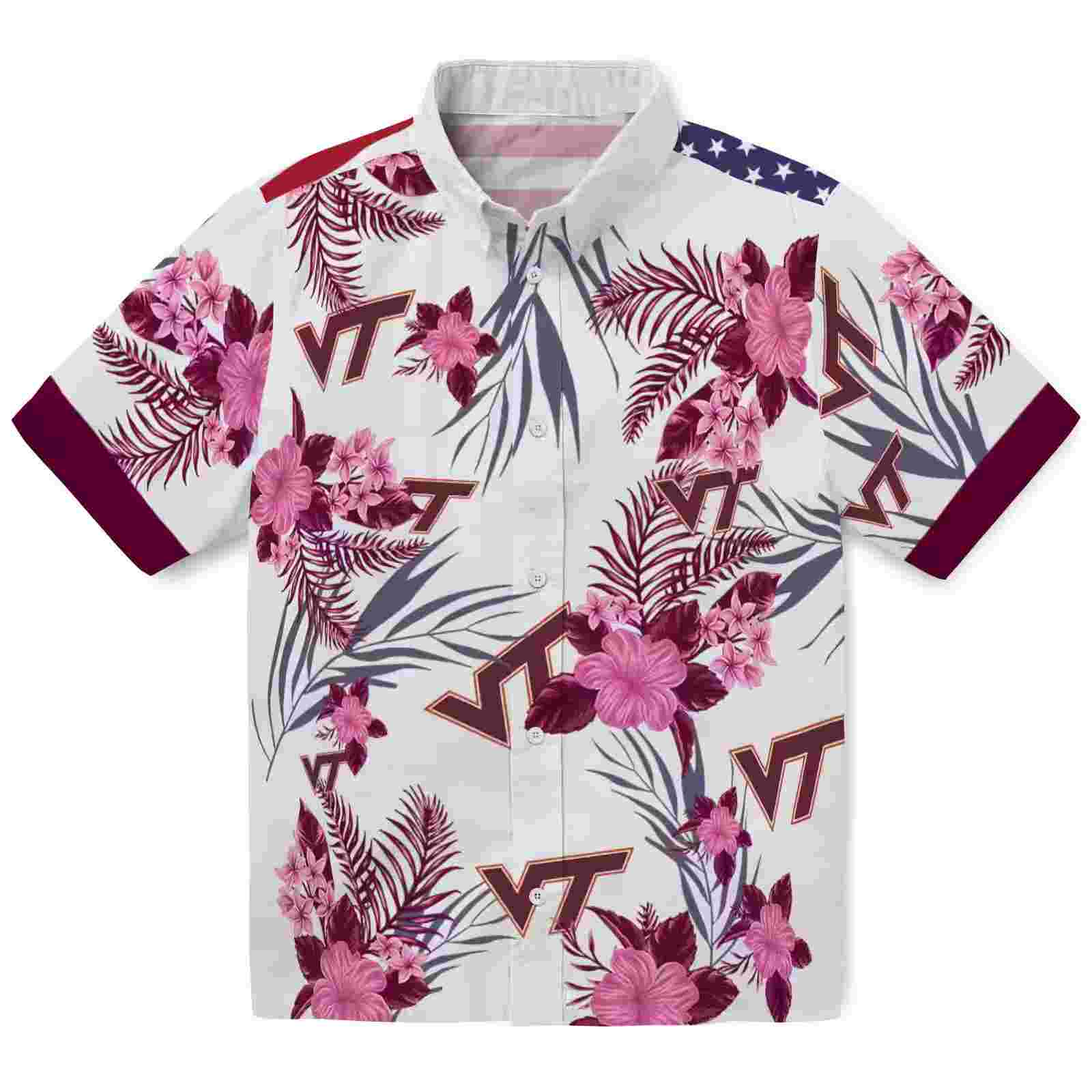 Virginia Tech Hokies Patriotic Hibiscus Design Maroon White Hawaiian Shirt