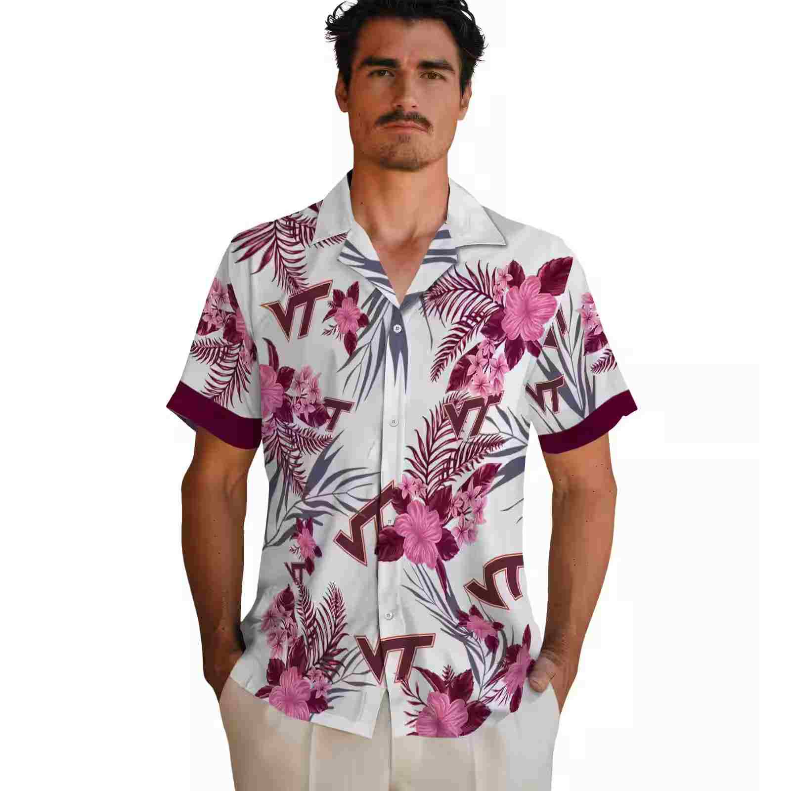 virginia tech hokies patriotic hibiscus design maroon white hawaiian shirt fashion forward