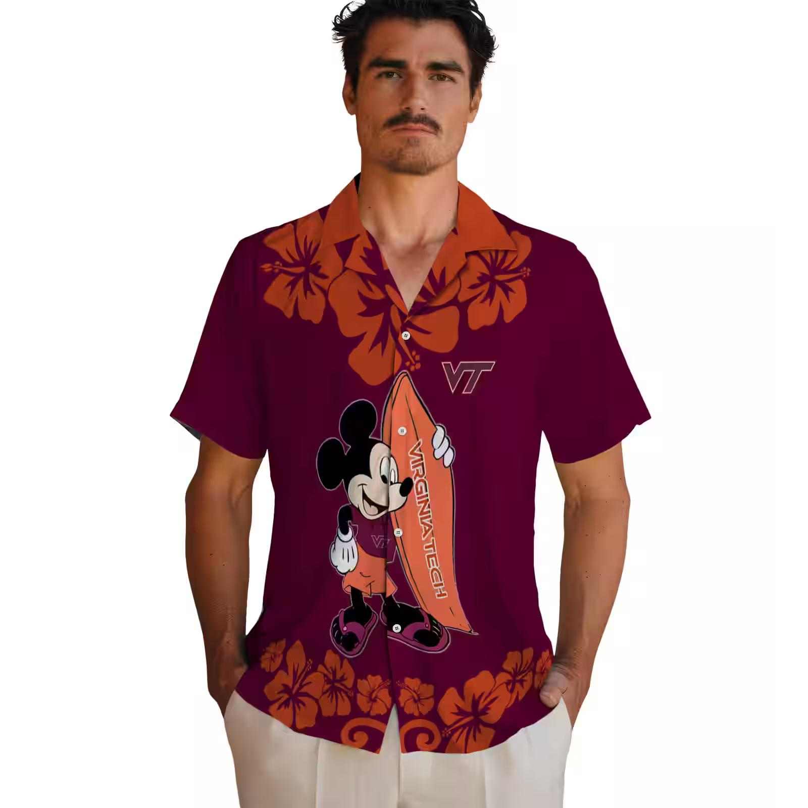 virginia tech hokies surfing mickey maroon hawaiian shirt fashion forward