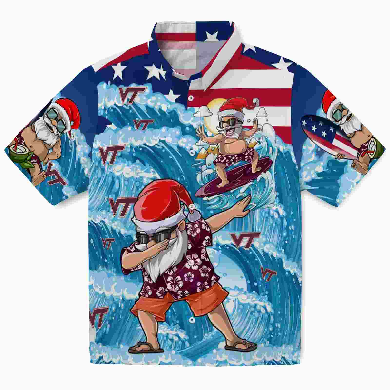 Virginia Tech Hokies Surfing Santa Blue Hawaiian Shirt