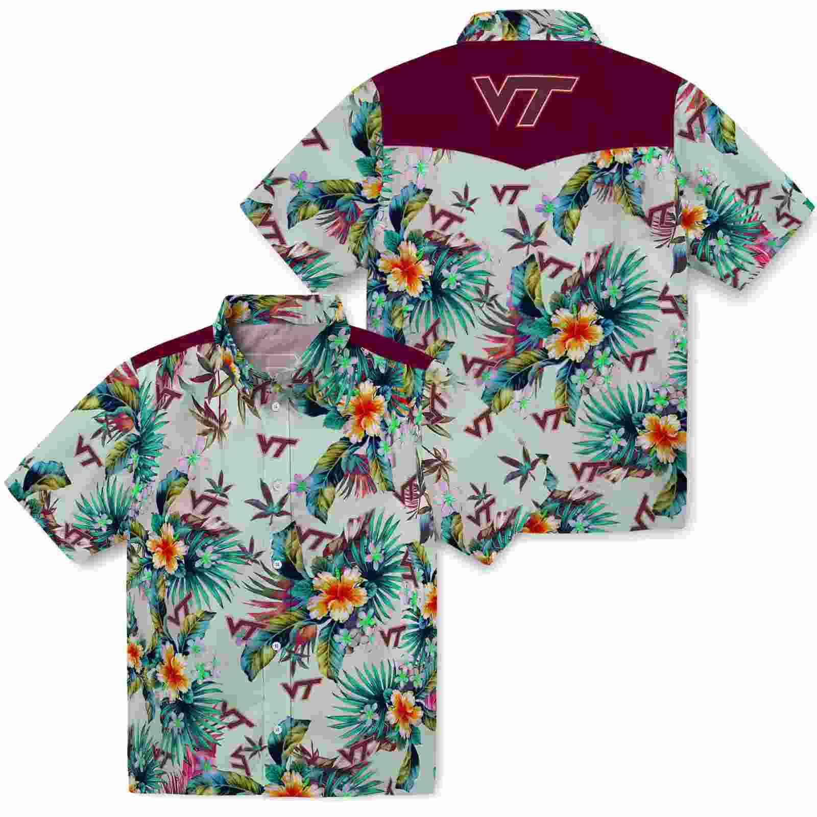 virginia tech hokies tropical foliage green hawaiian shirt high quality