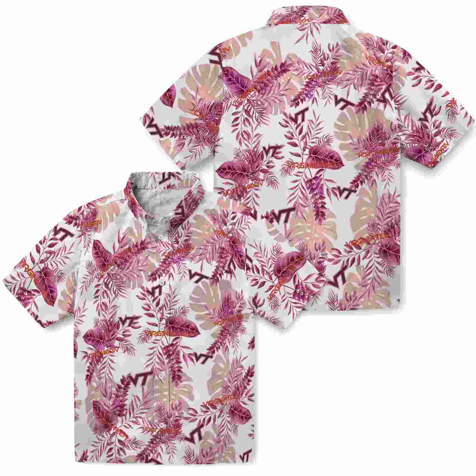 virginia tech hokies tropical leaves maroon white hawaiian shirt high quality