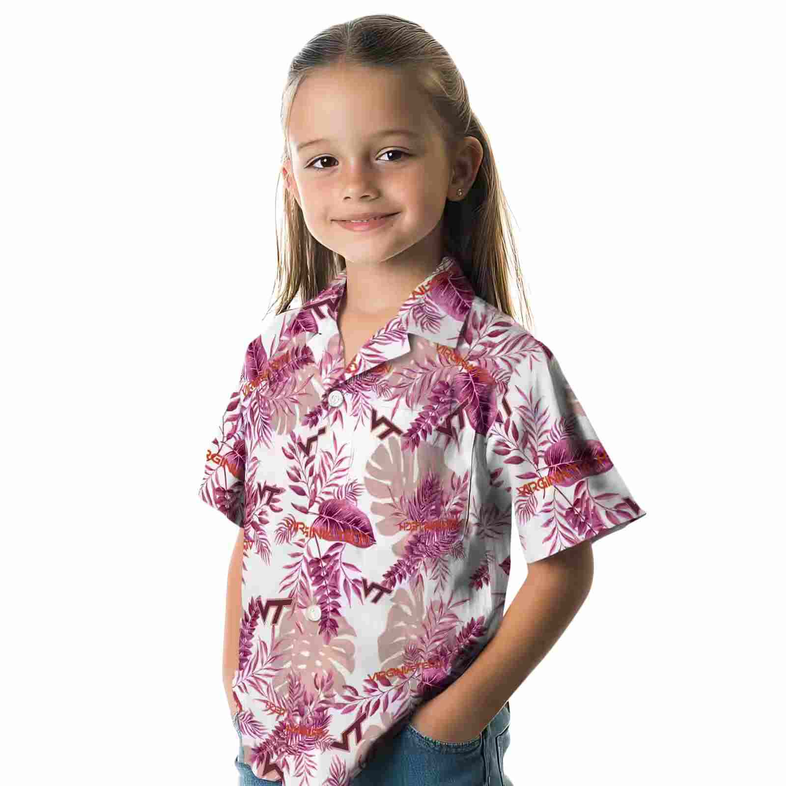 virginia tech hokies tropical leaves maroon white hawaiian shirt premium grade