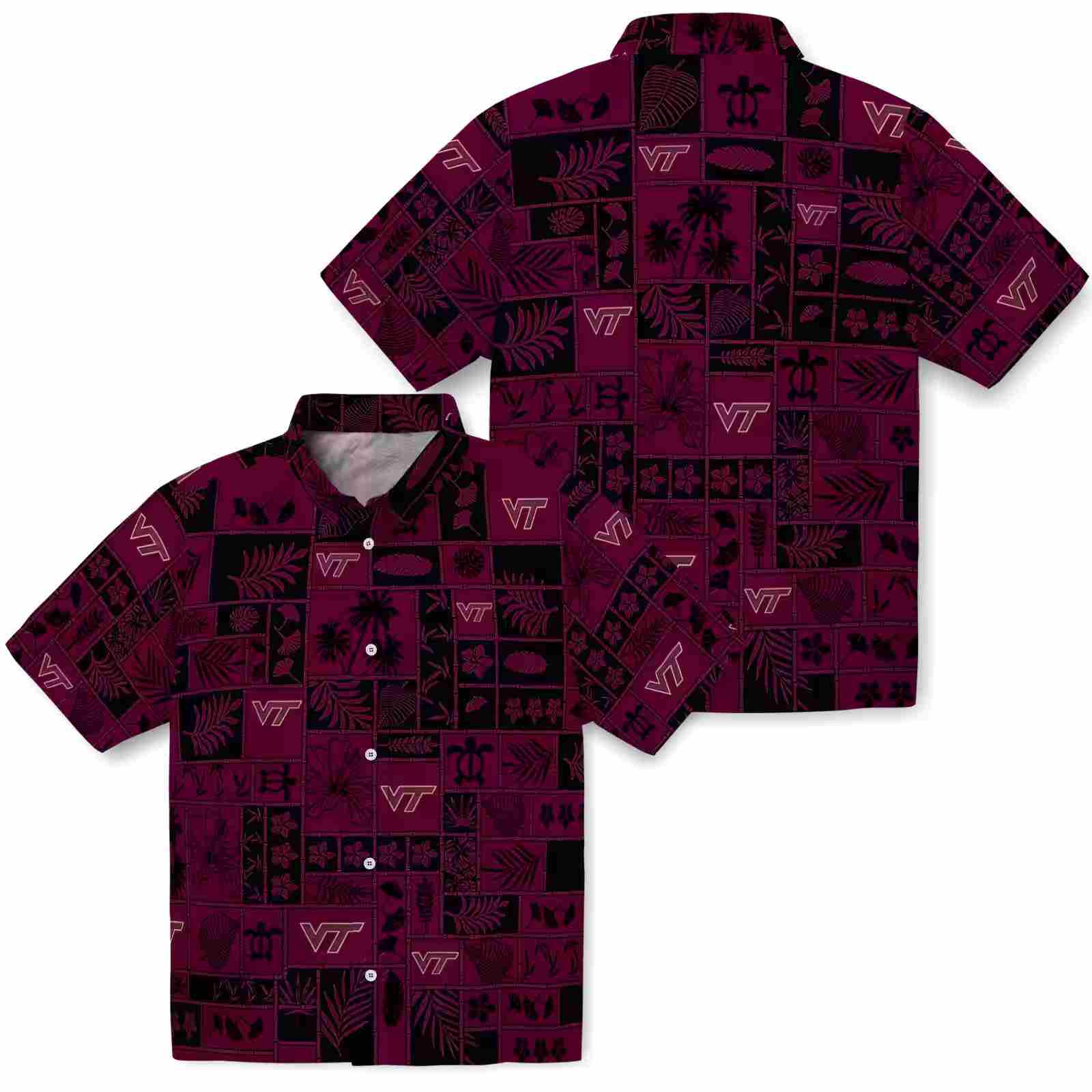 virginia tech hokies tropical patchwork maroon black hawaiian shirt high quality