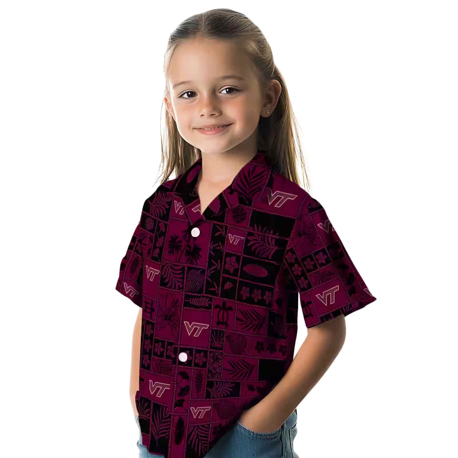 virginia tech hokies tropical patchwork maroon black hawaiian shirt premium grade