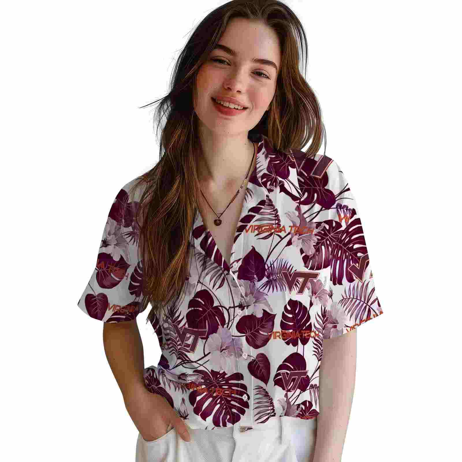 virginia tech hokies tropical plants maroon white hawaiian shirt latest model