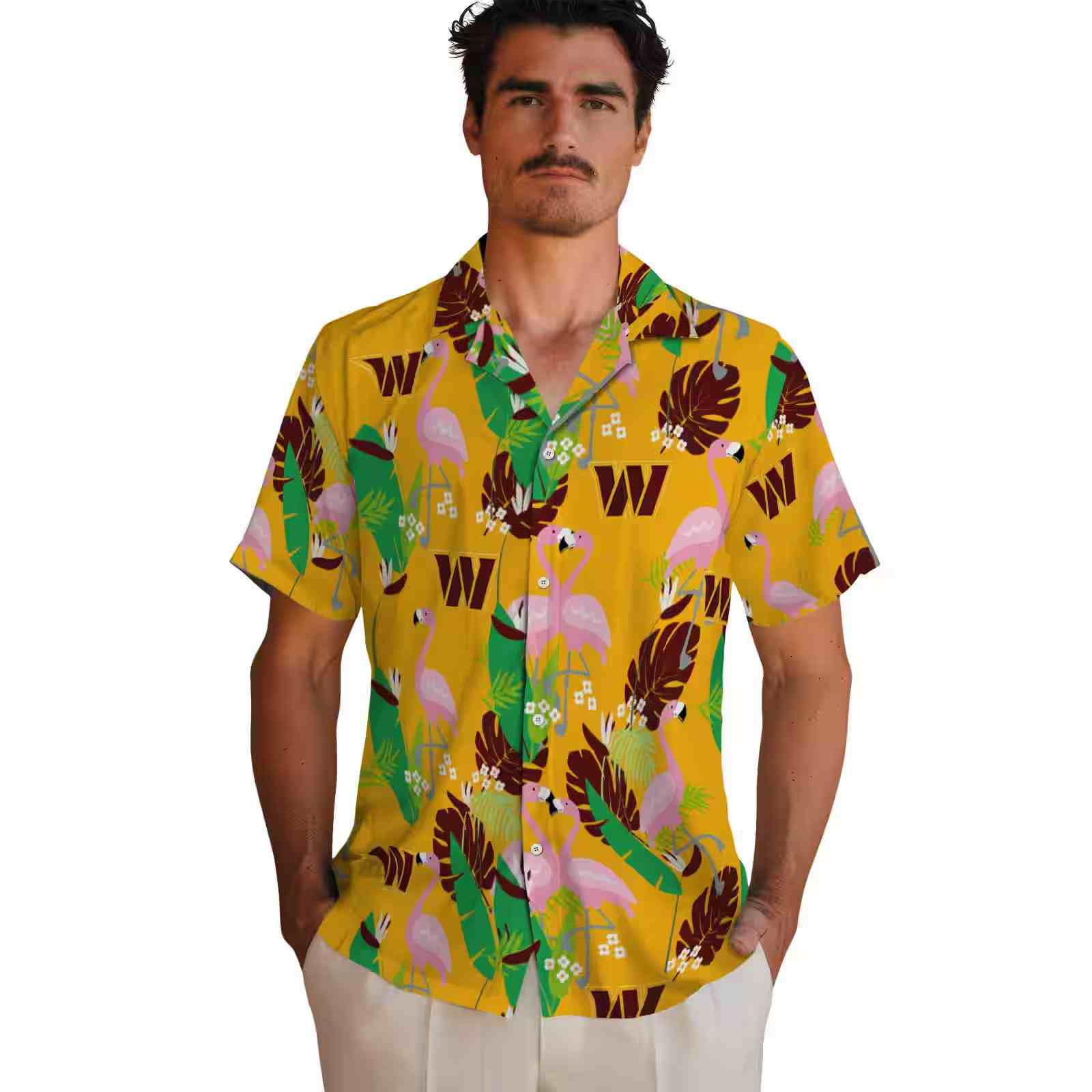 washington commanders flamingo foliage burgundy green hawaiian shirt fashion forward