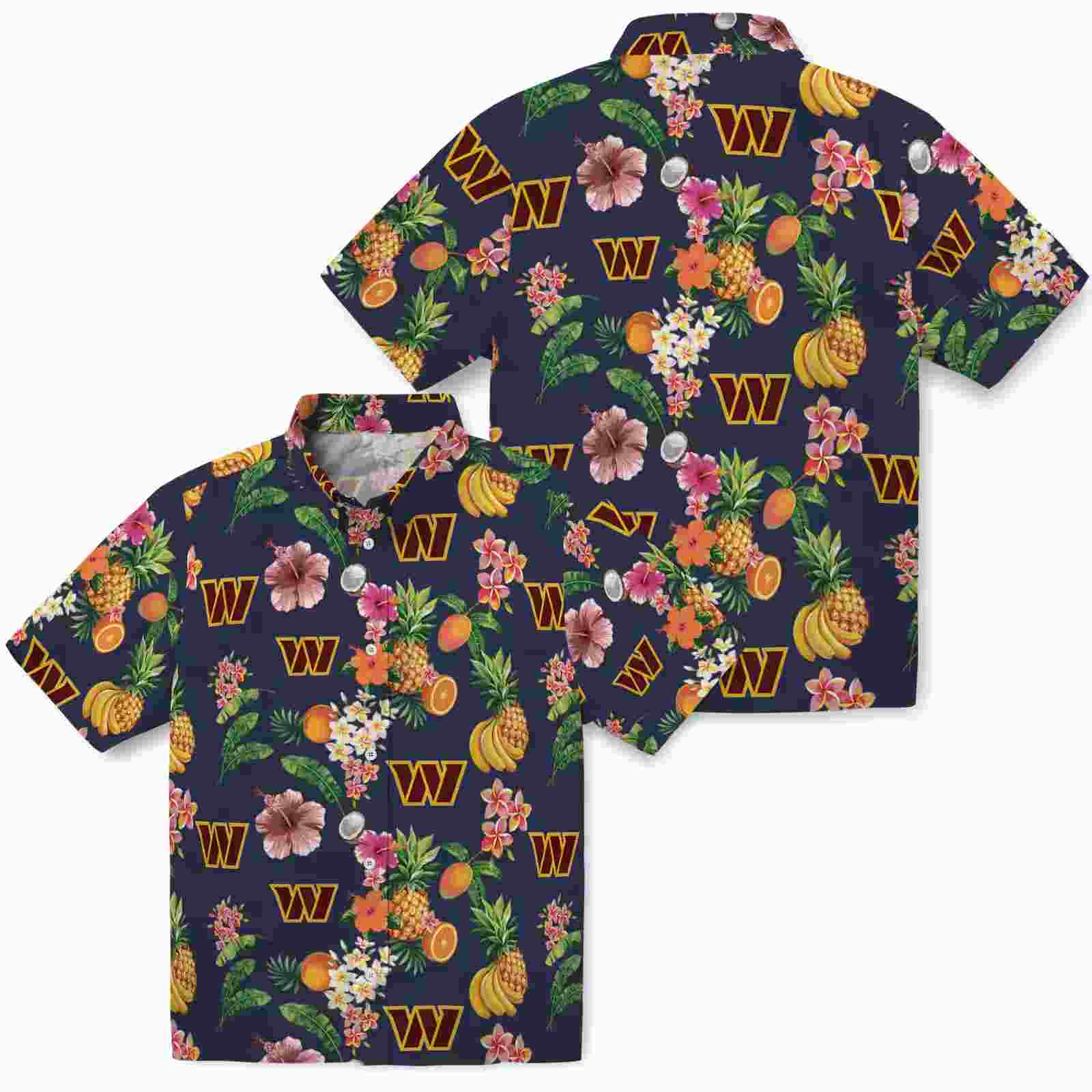 washington commanders hibiscus and fruit navy blue hawaiian shirt high quality