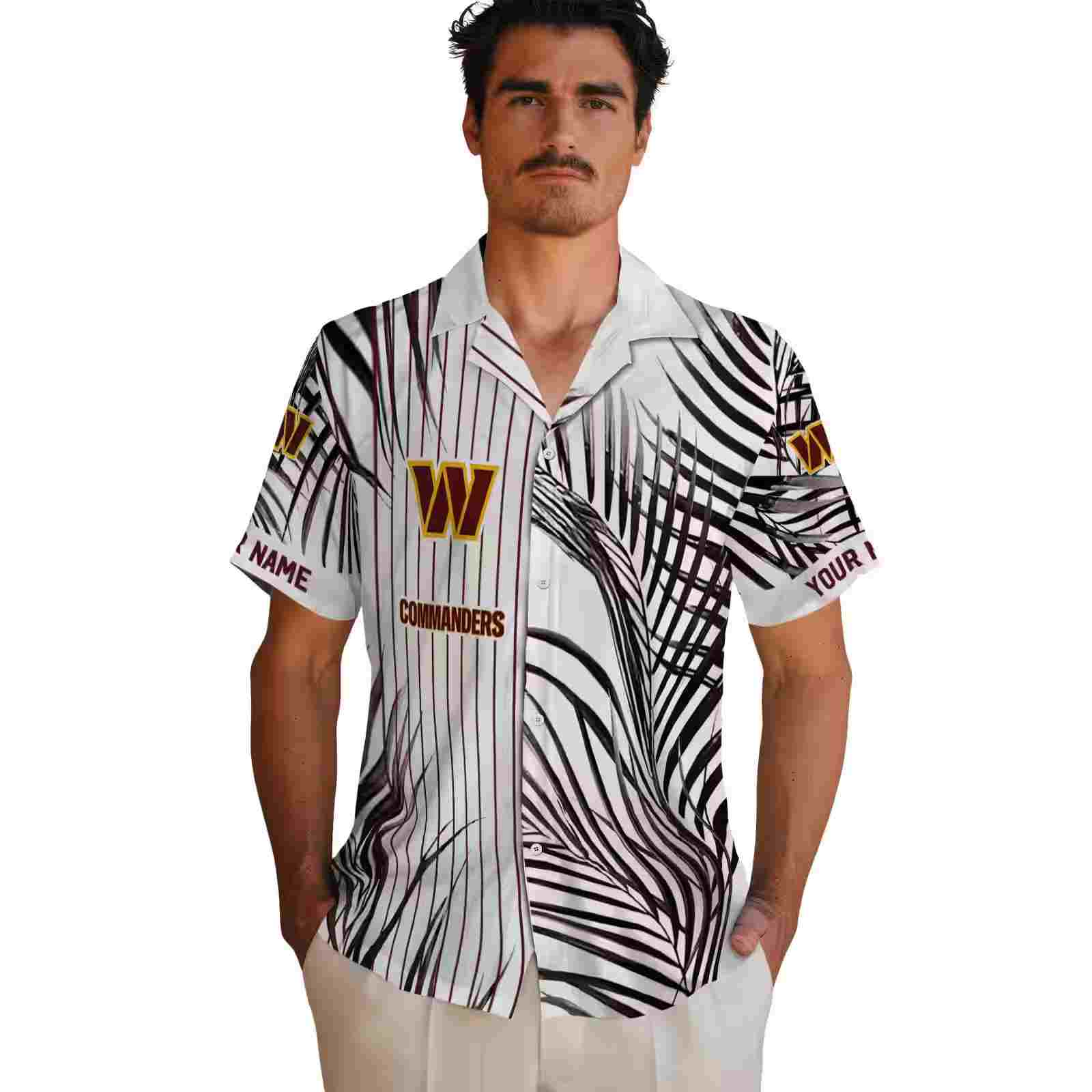 washington commanders palm stripes burgundy black white hawaiian shirt fashion forward