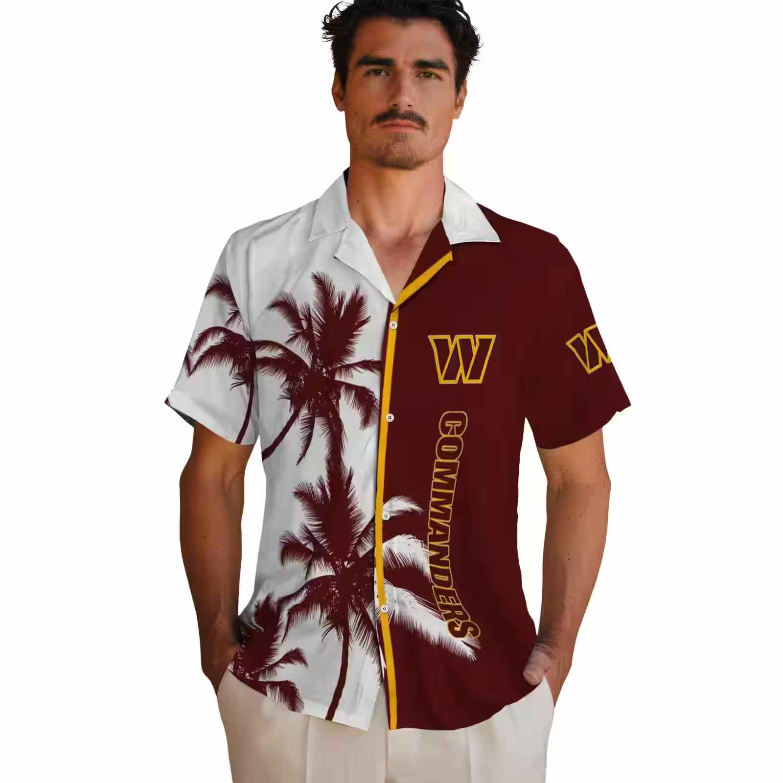 washington commanders palm trees burgundy white hawaiian shirt fashion forward