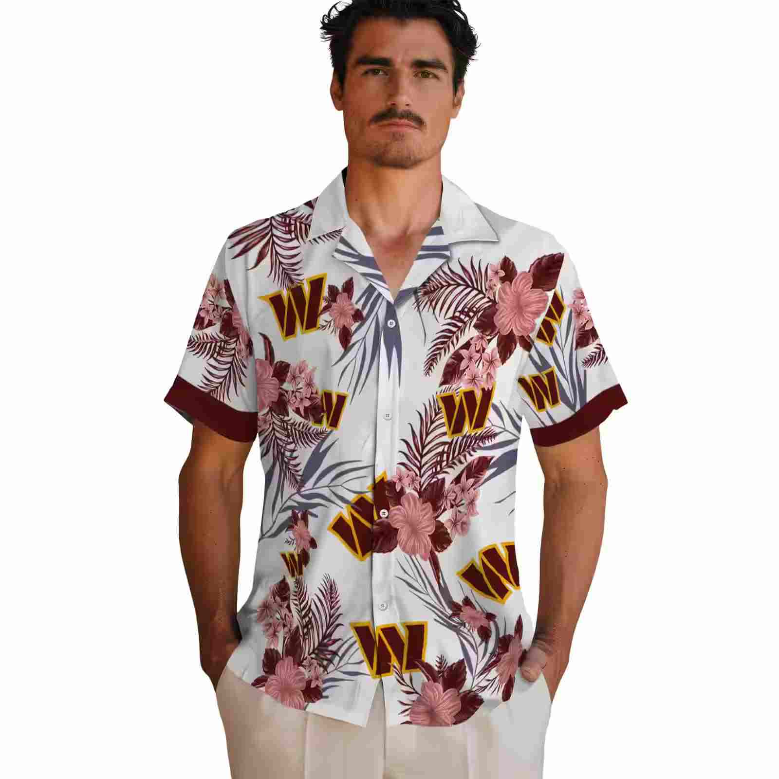 washington commanders patriotic hibiscus design burgundy white hawaiian shirt fashion forward