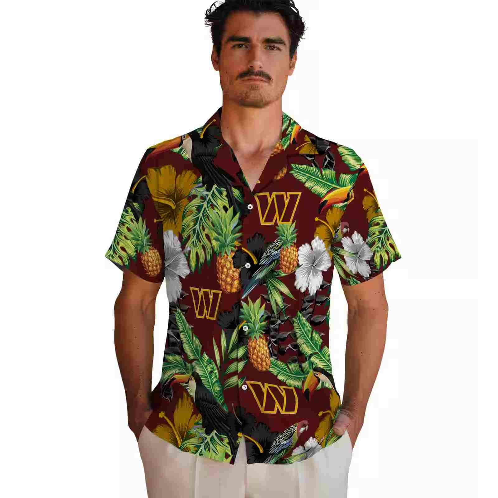 washington commanders toucan hibiscus pineapple burgundy green hawaiian shirt fashion forward