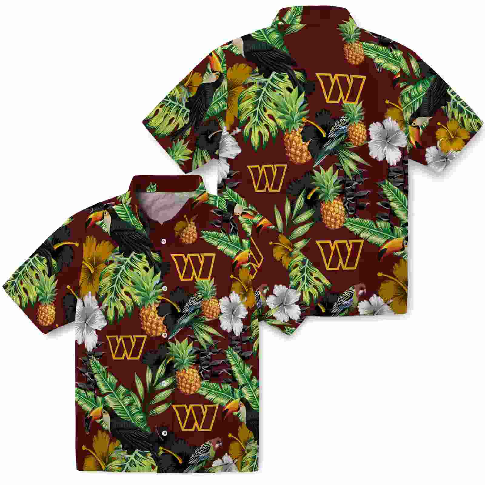 washington commanders toucan hibiscus pineapple burgundy green hawaiian shirt high quality