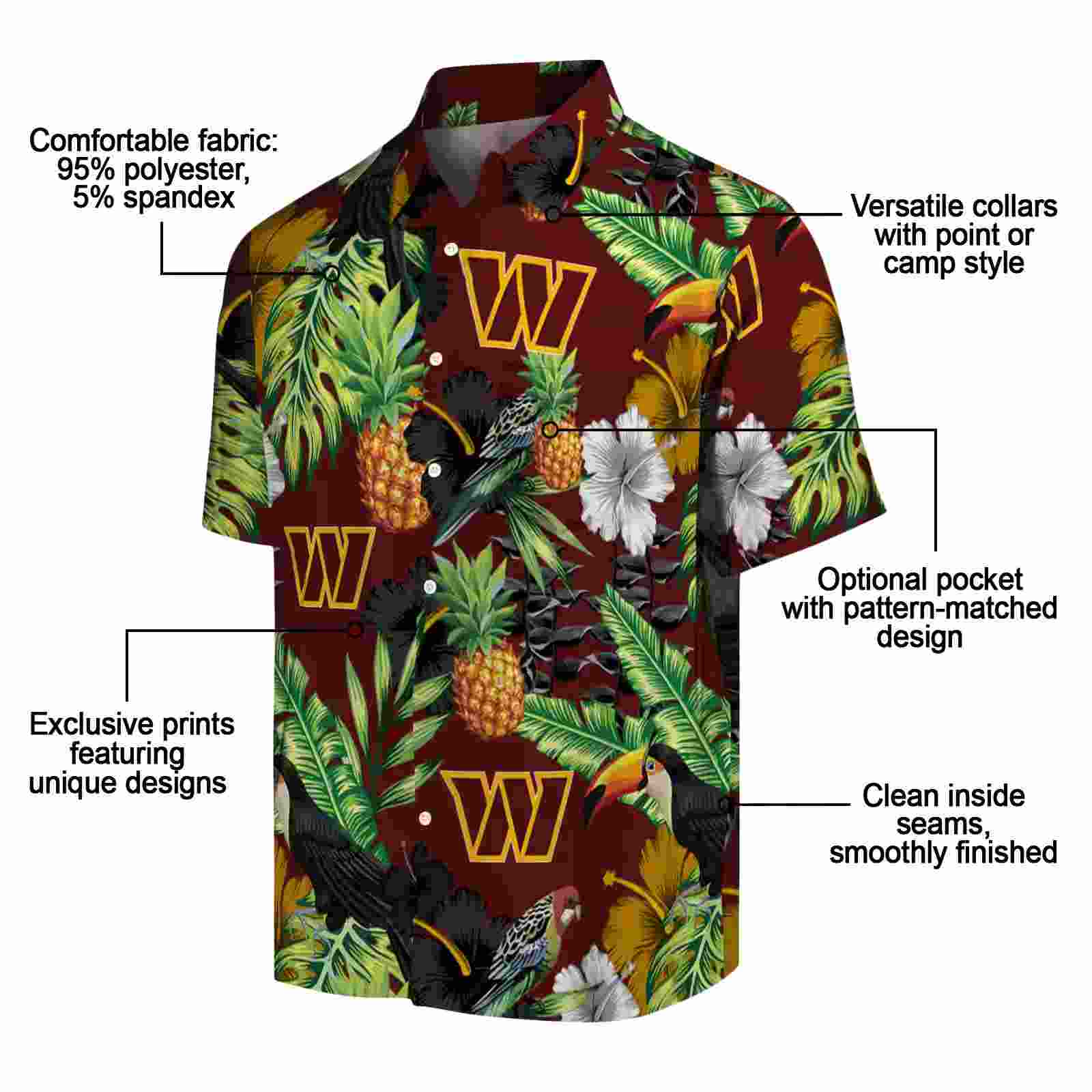 washington commanders toucan hibiscus pineapple burgundy green hawaiian shirt new arrival
