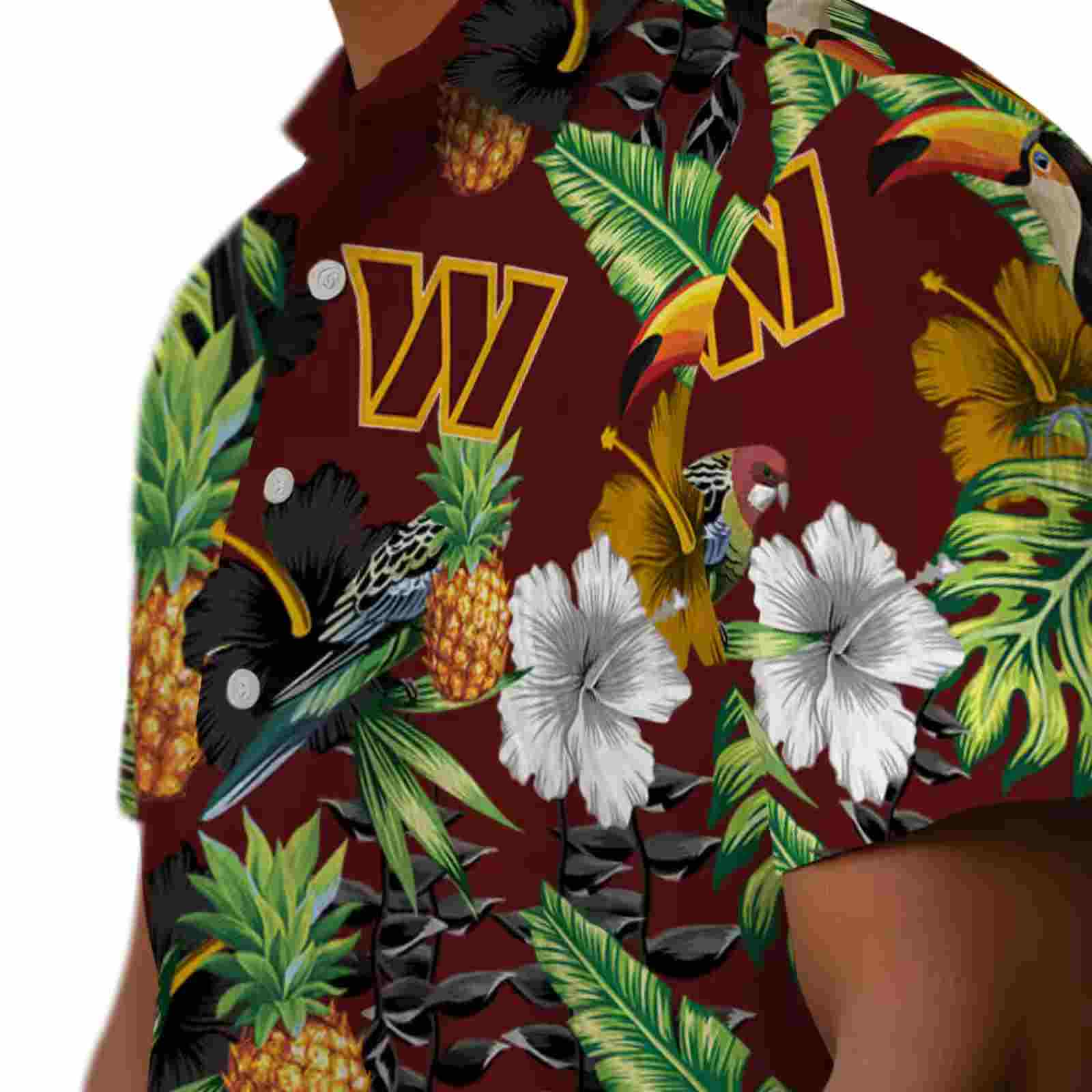 washington commanders toucan hibiscus pineapple burgundy green hawaiian shirt trendy