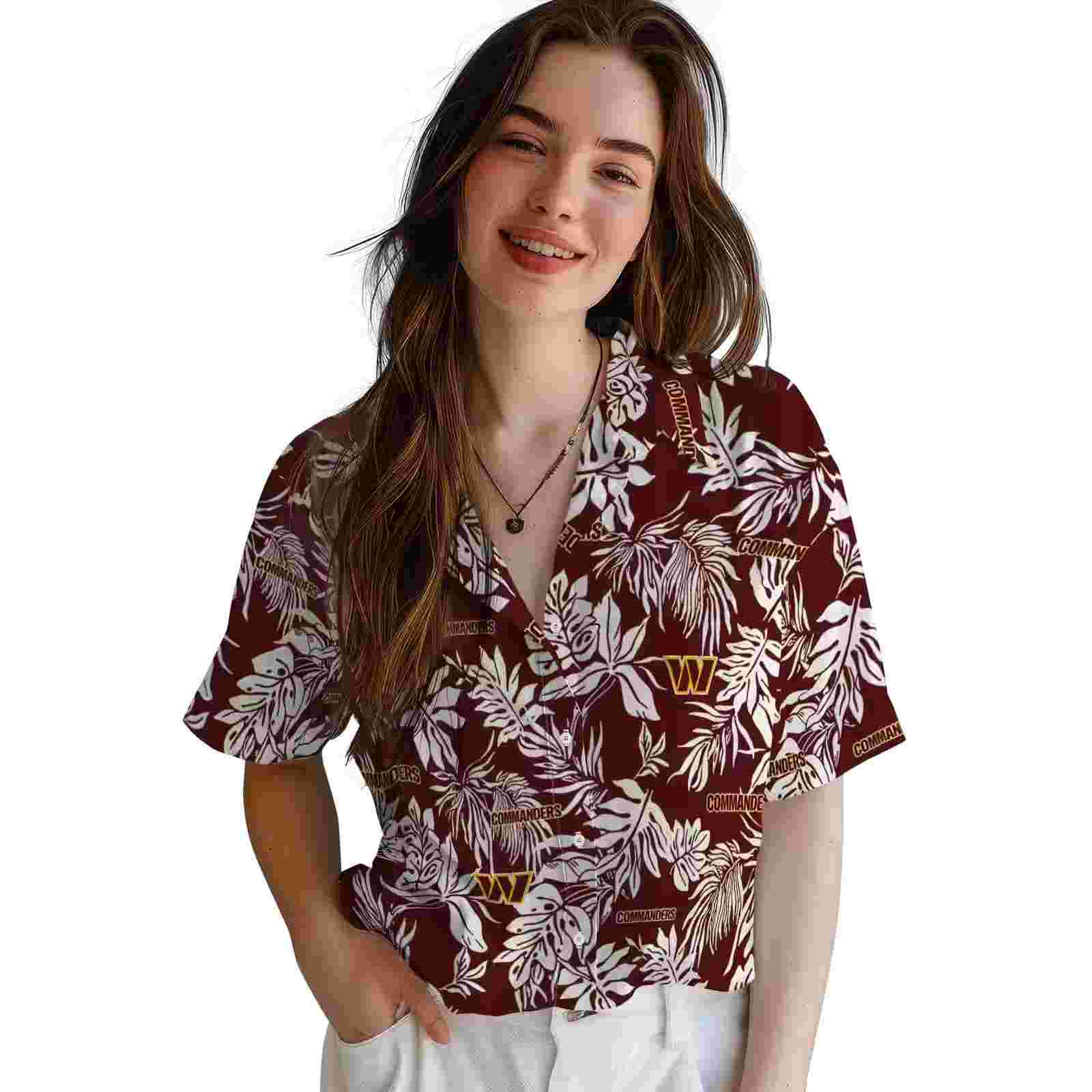 washington commanders tropical leaf burgundy white hawaiian shirt latest model