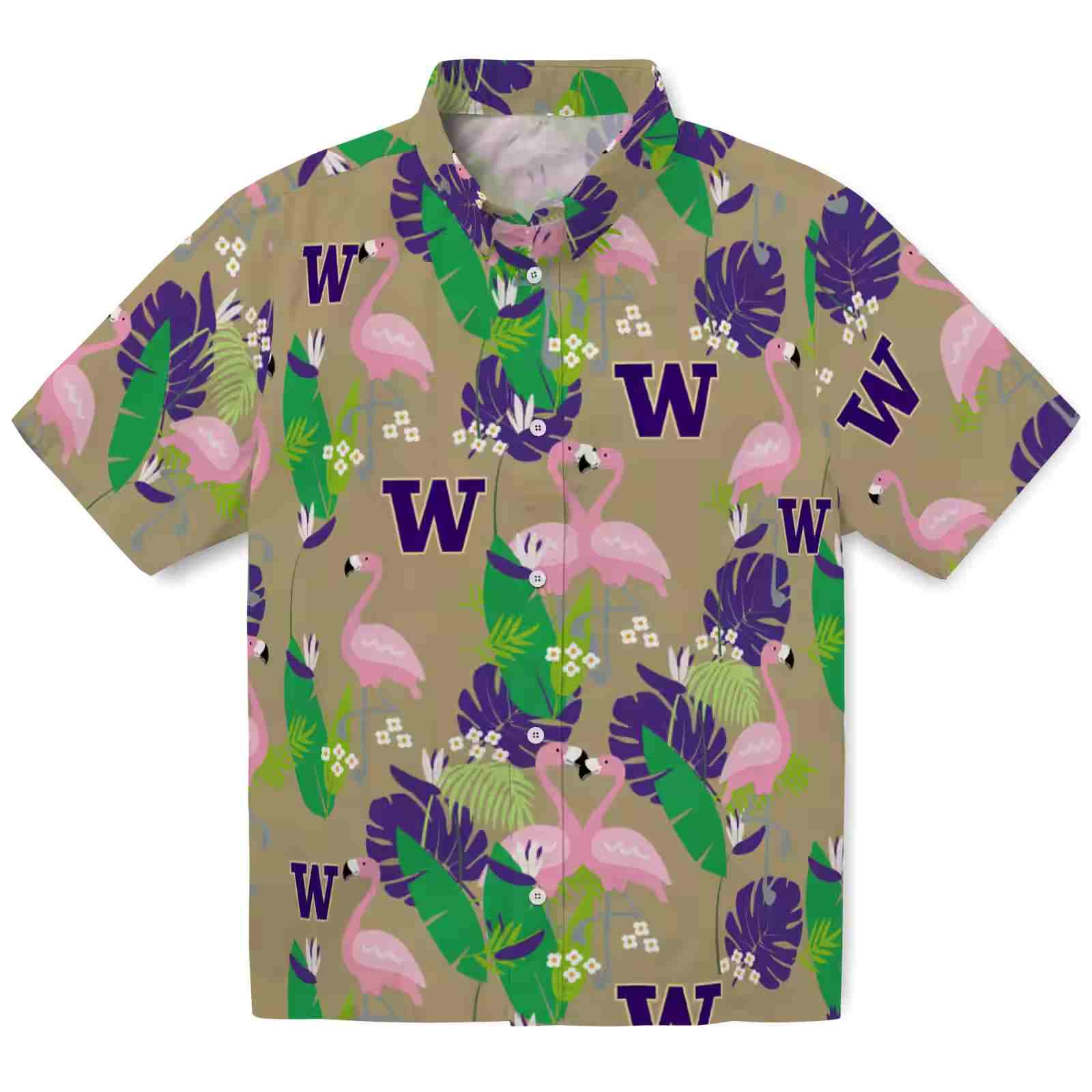 Washington Huskies Flamingo Foliage Purple Green Hawaiian Shirt