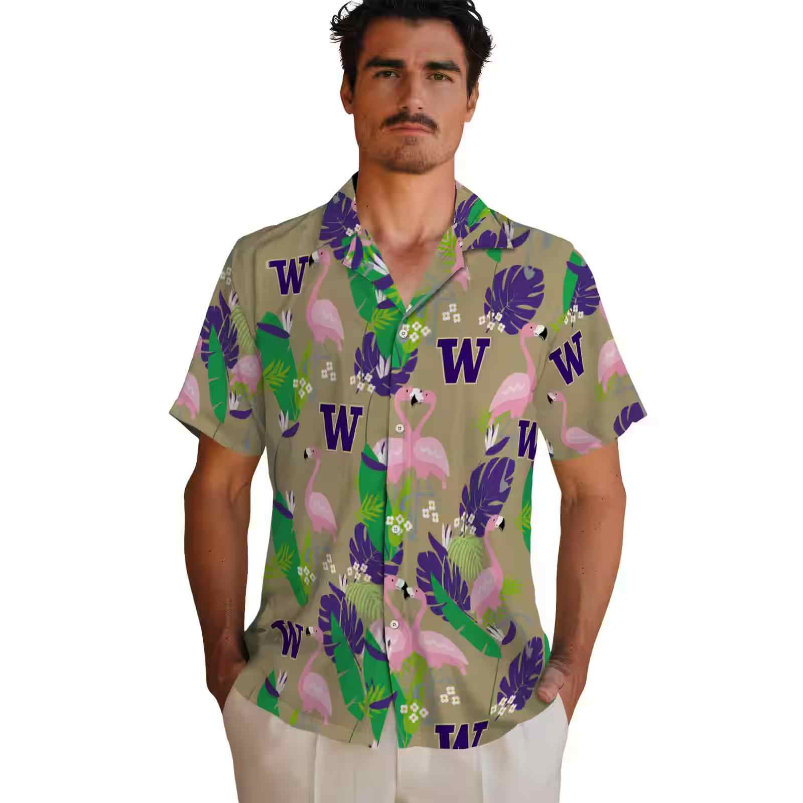 washington huskies flamingo foliage purple green hawaiian shirt fashion forward