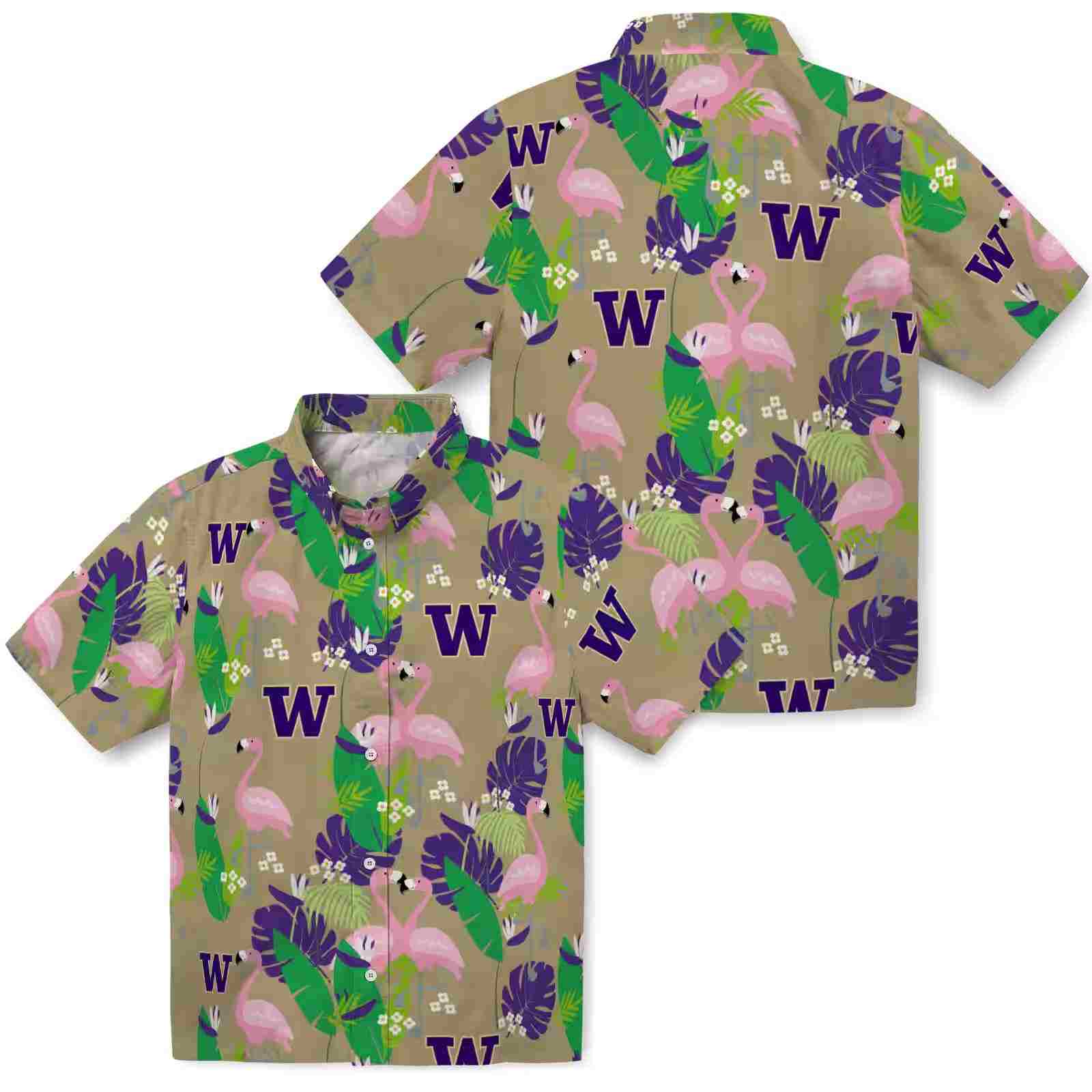 washington huskies flamingo foliage purple green hawaiian shirt high quality