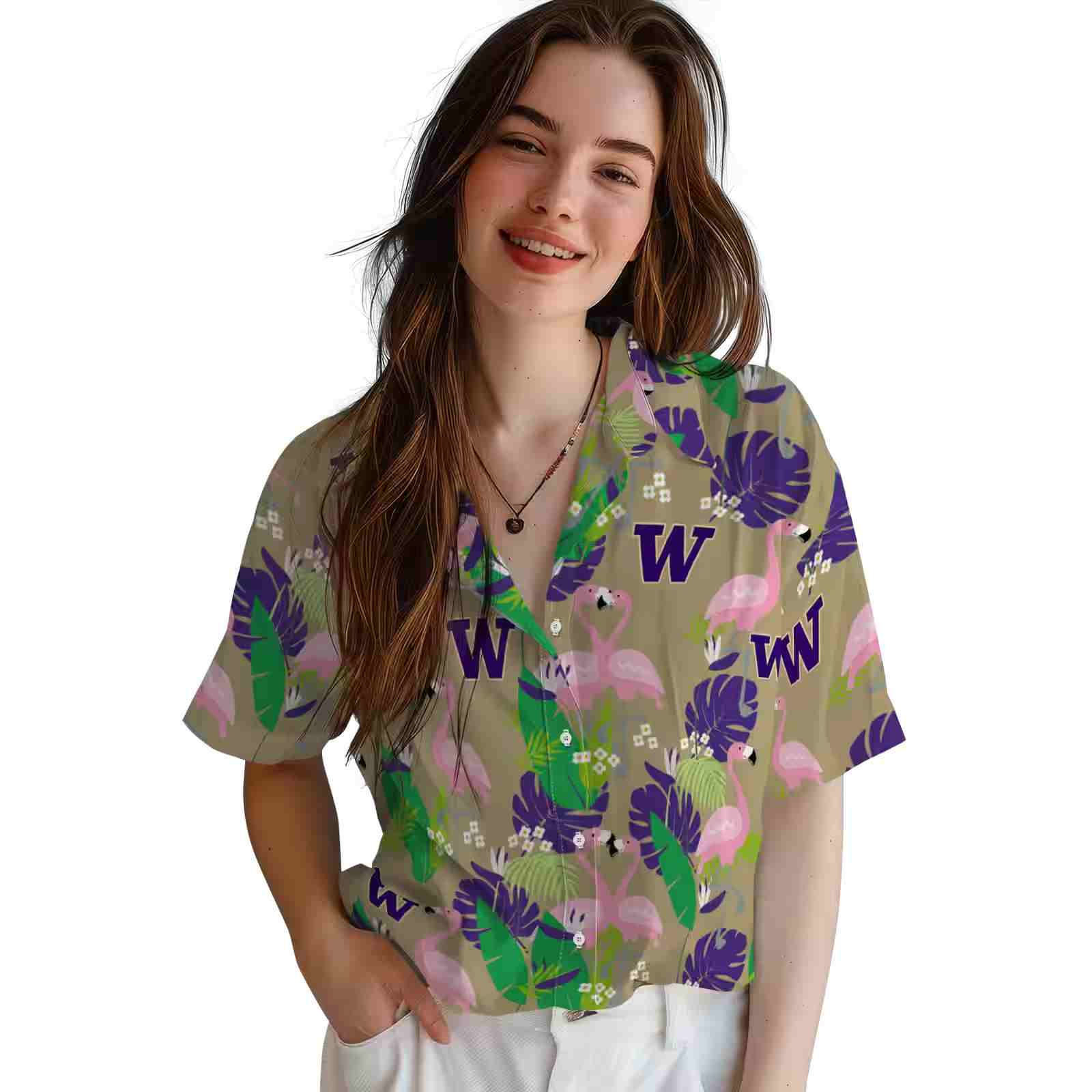 washington huskies flamingo foliage purple green hawaiian shirt latest model