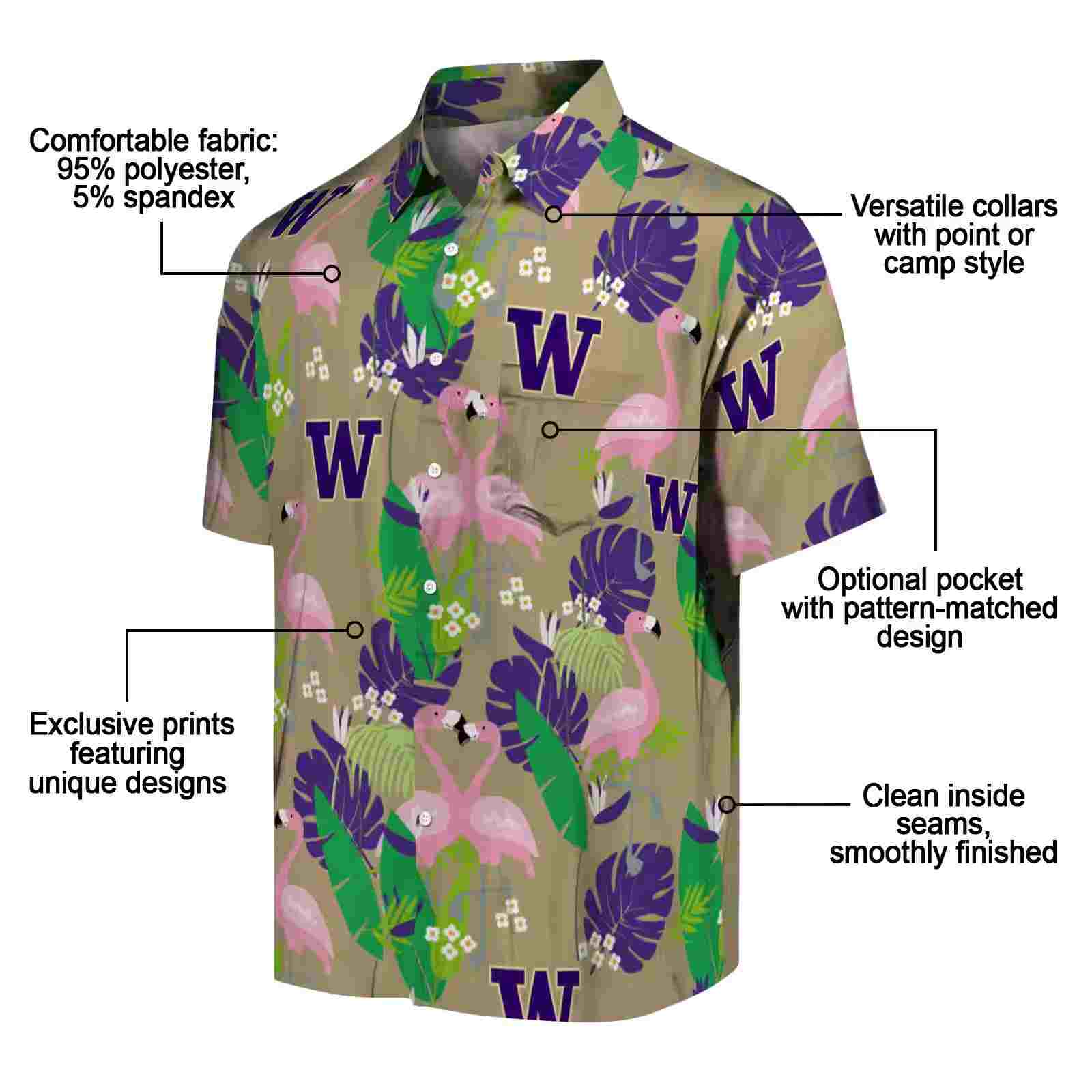 washington huskies flamingo foliage purple green hawaiian shirt new arrival