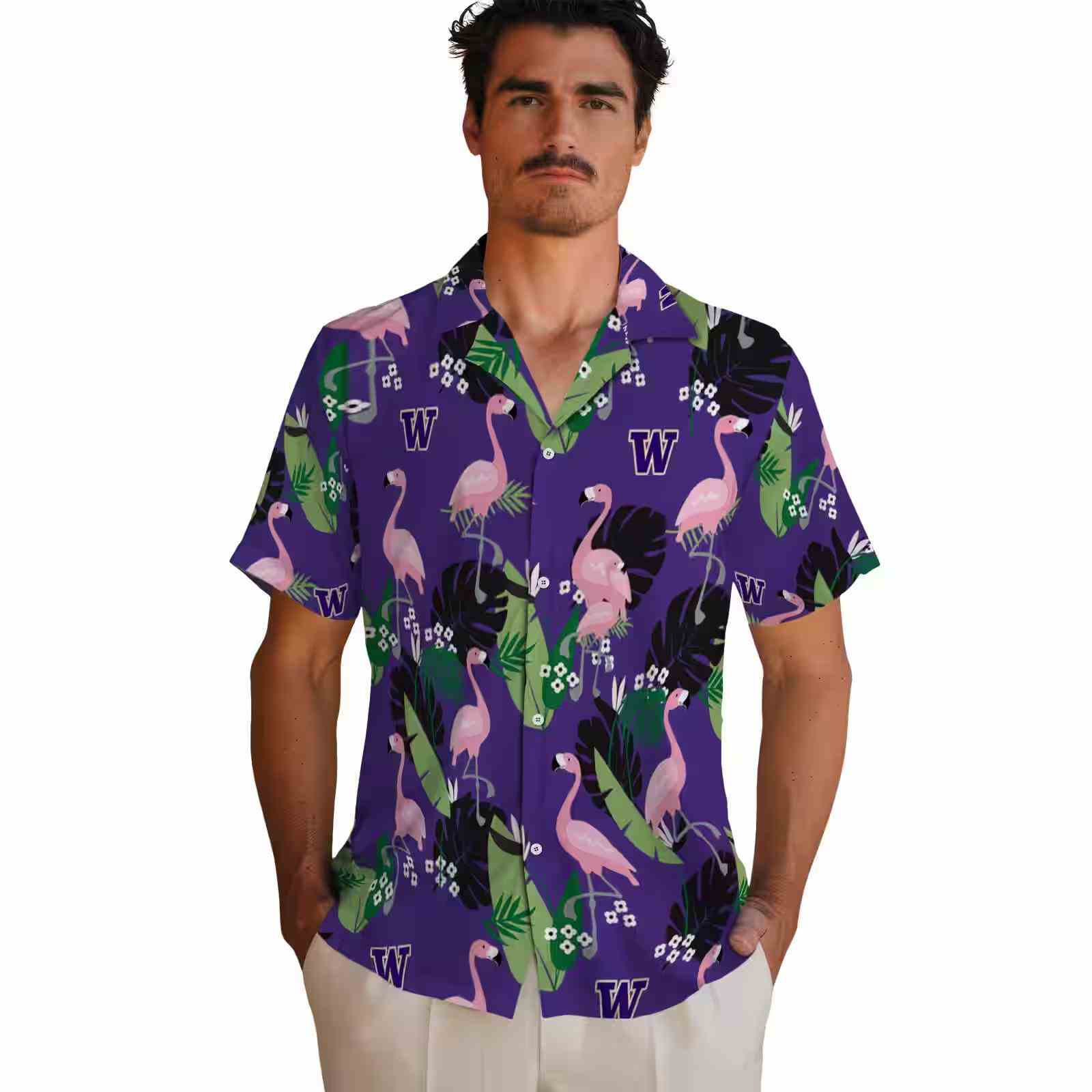 washington huskies flamingo leaf motif purple hawaiian shirt fashion forward