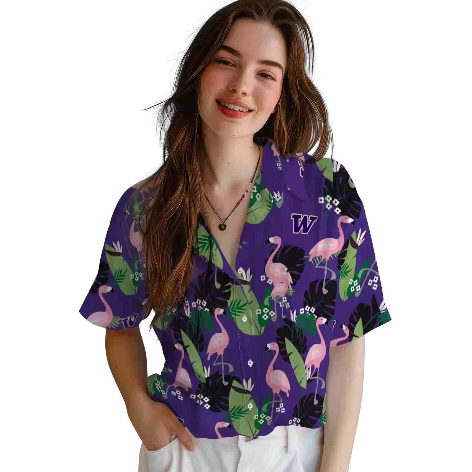 washington huskies flamingo leaf motif purple hawaiian shirt latest model