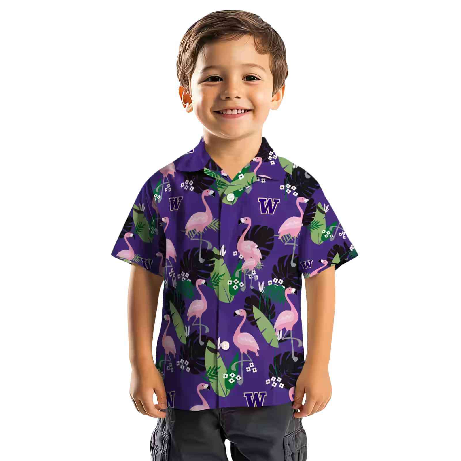 washington huskies flamingo leaf motif purple hawaiian shirt top rated