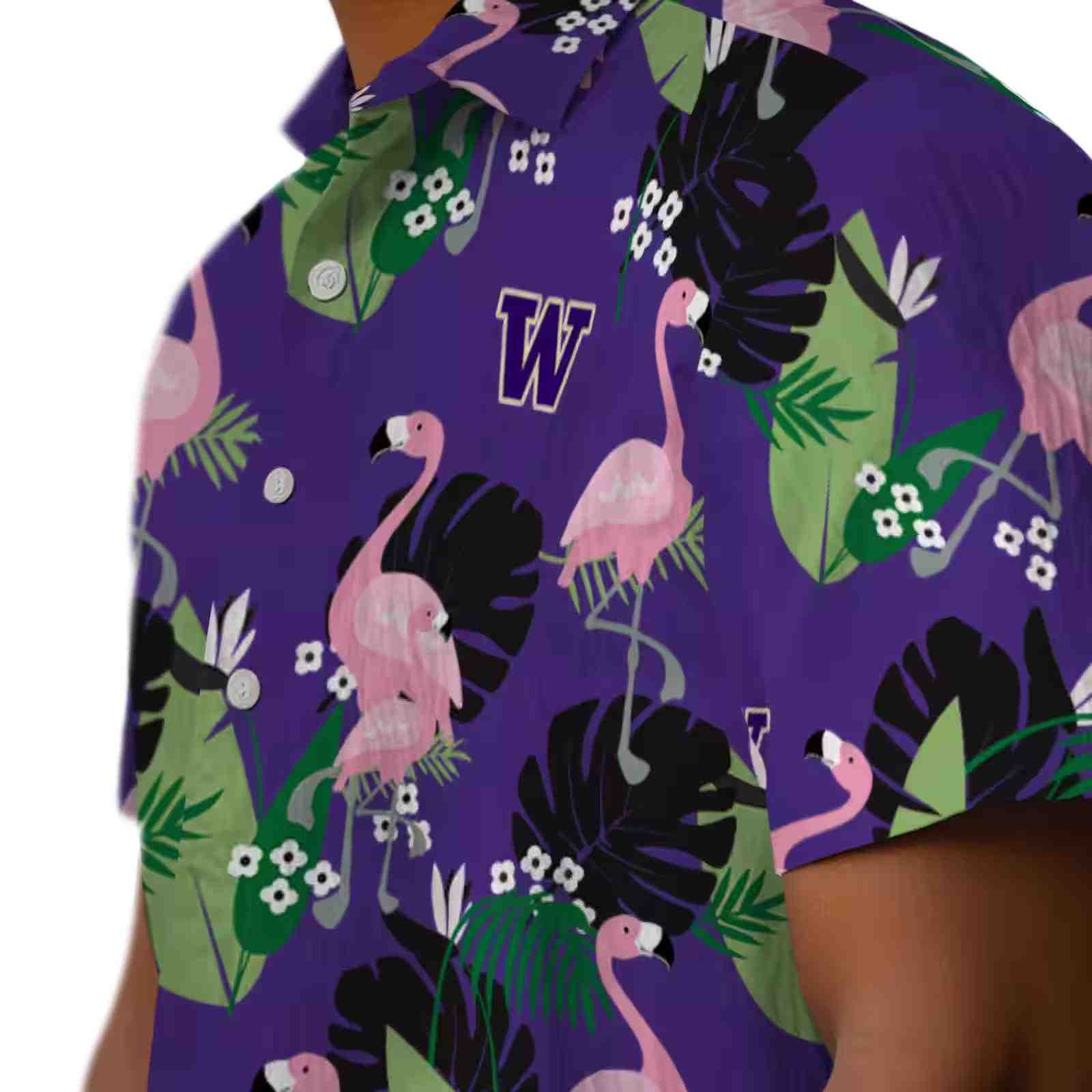 washington huskies flamingo leaf motif purple hawaiian shirt trendy