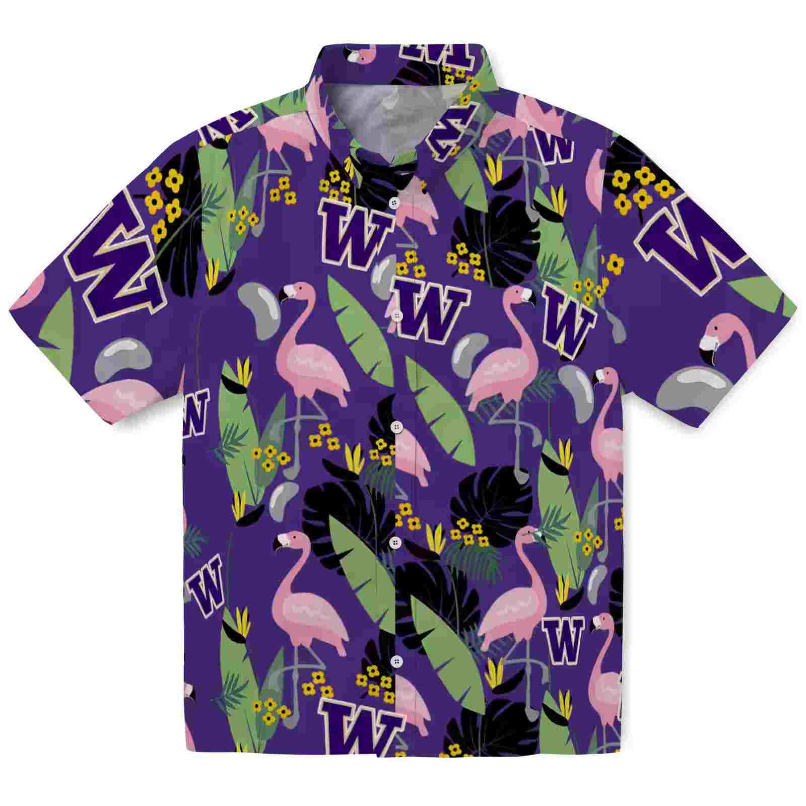 Washington Huskies Flamingo Leaves Purple Hawaiian Shirt