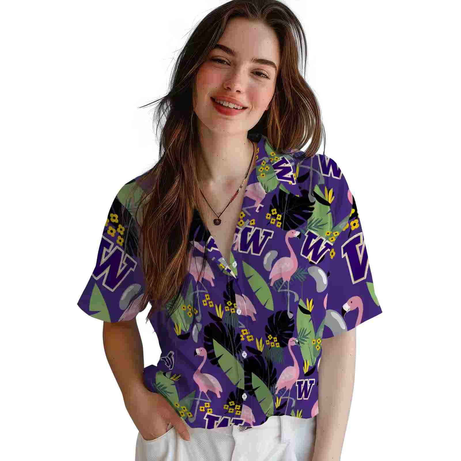 washington huskies flamingo leaves purple hawaiian shirt latest model