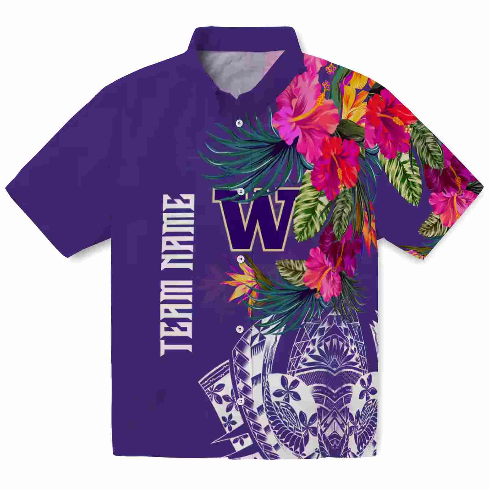 Washington Huskies Floral Polynesian Purple Hawaiian Shirt