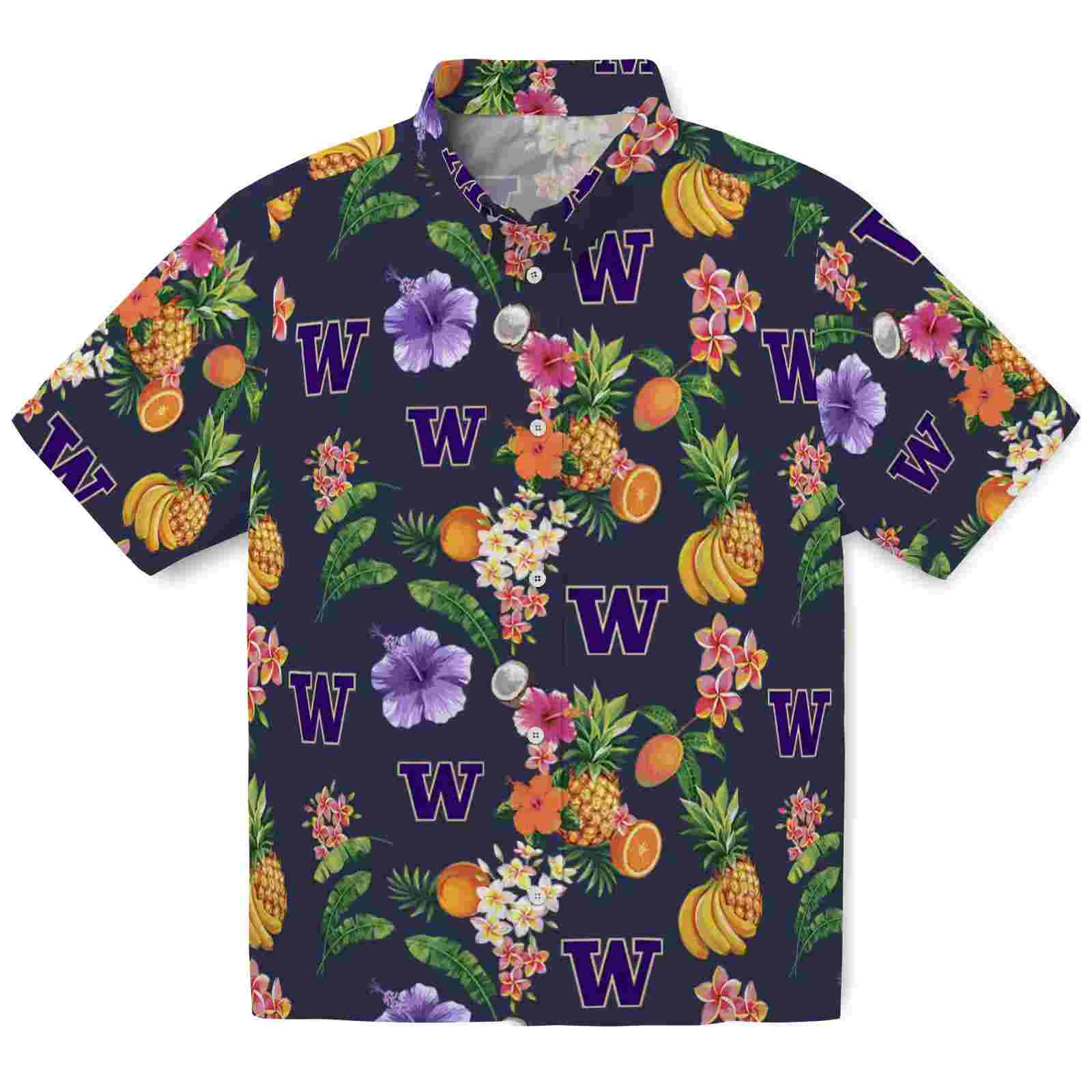 Washington Huskies Hibiscus And Fruit Navy Blue Hawaiian Shirt