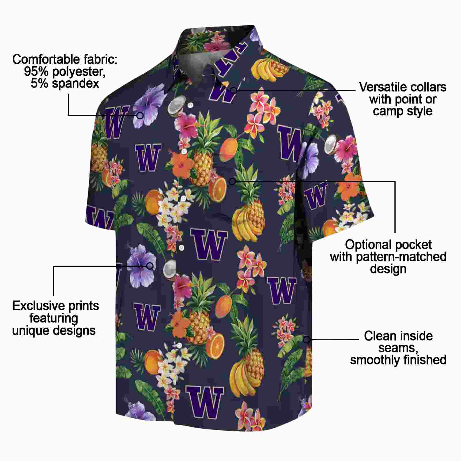 washington huskies hibiscus and fruit navy blue hawaiian shirt new arrival