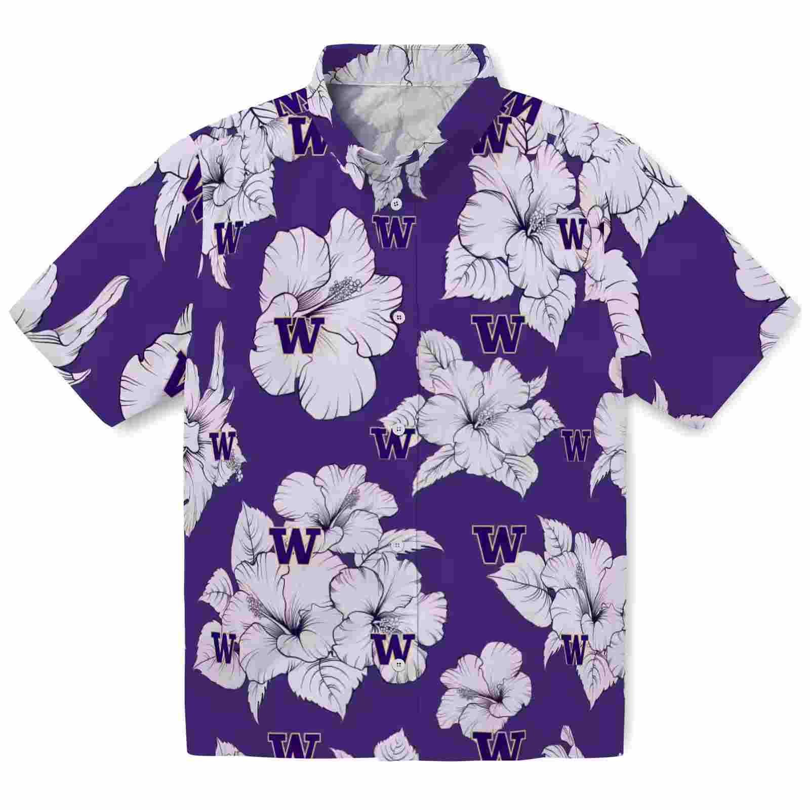 Washington Huskies Hibiscus Blooms Purple White Hawaiian Shirt