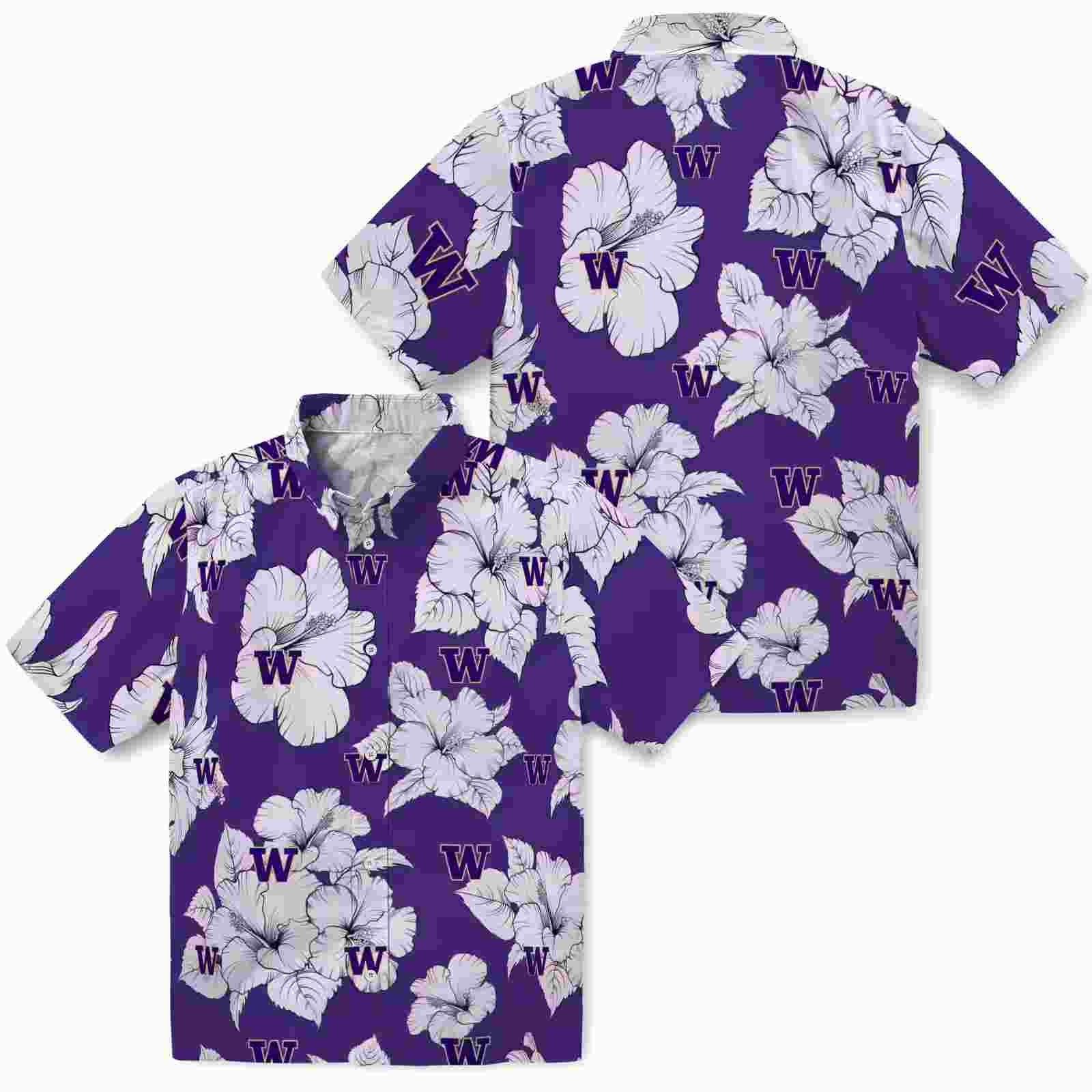 washington huskies hibiscus blooms purple white hawaiian shirt high quality