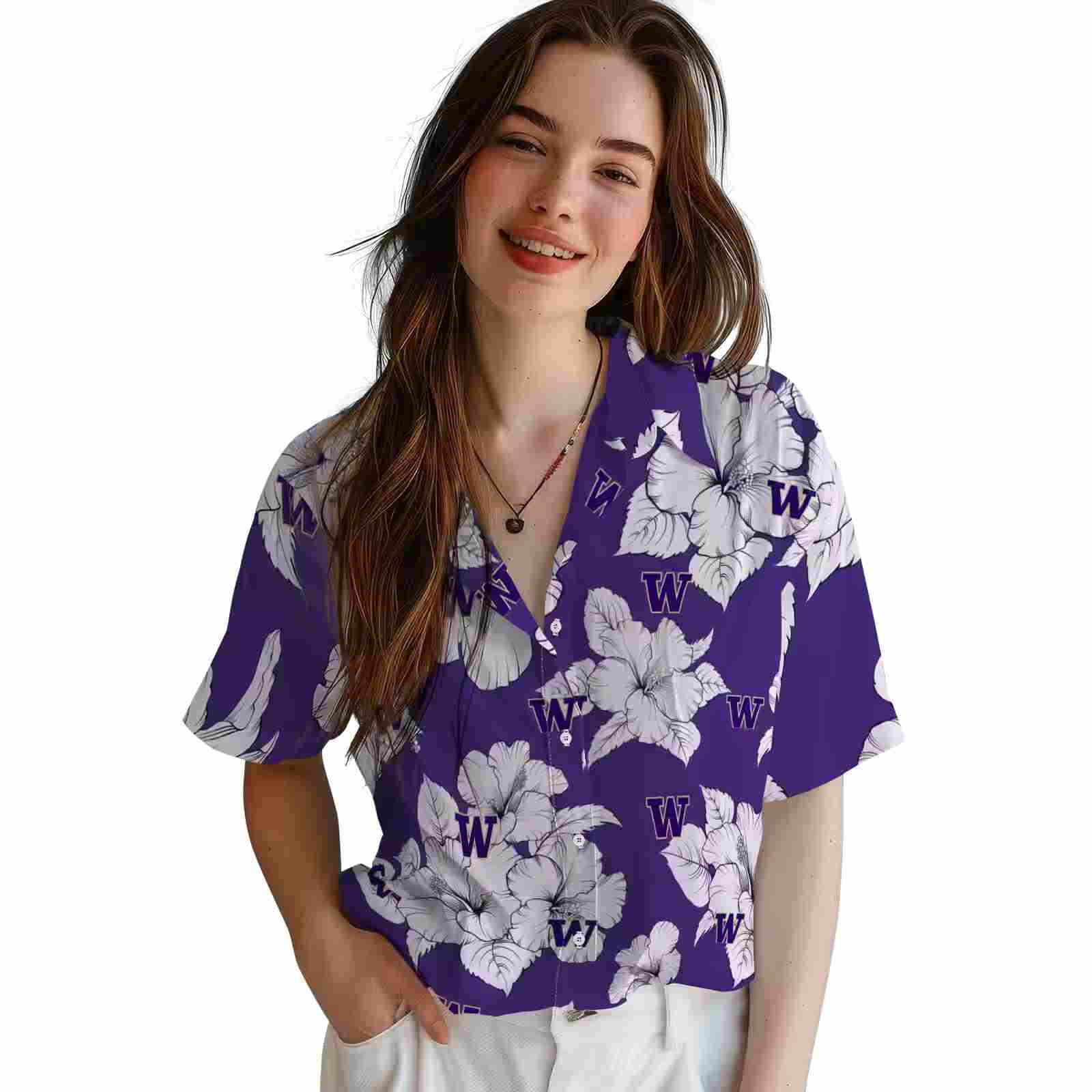 washington huskies hibiscus blooms purple white hawaiian shirt latest model