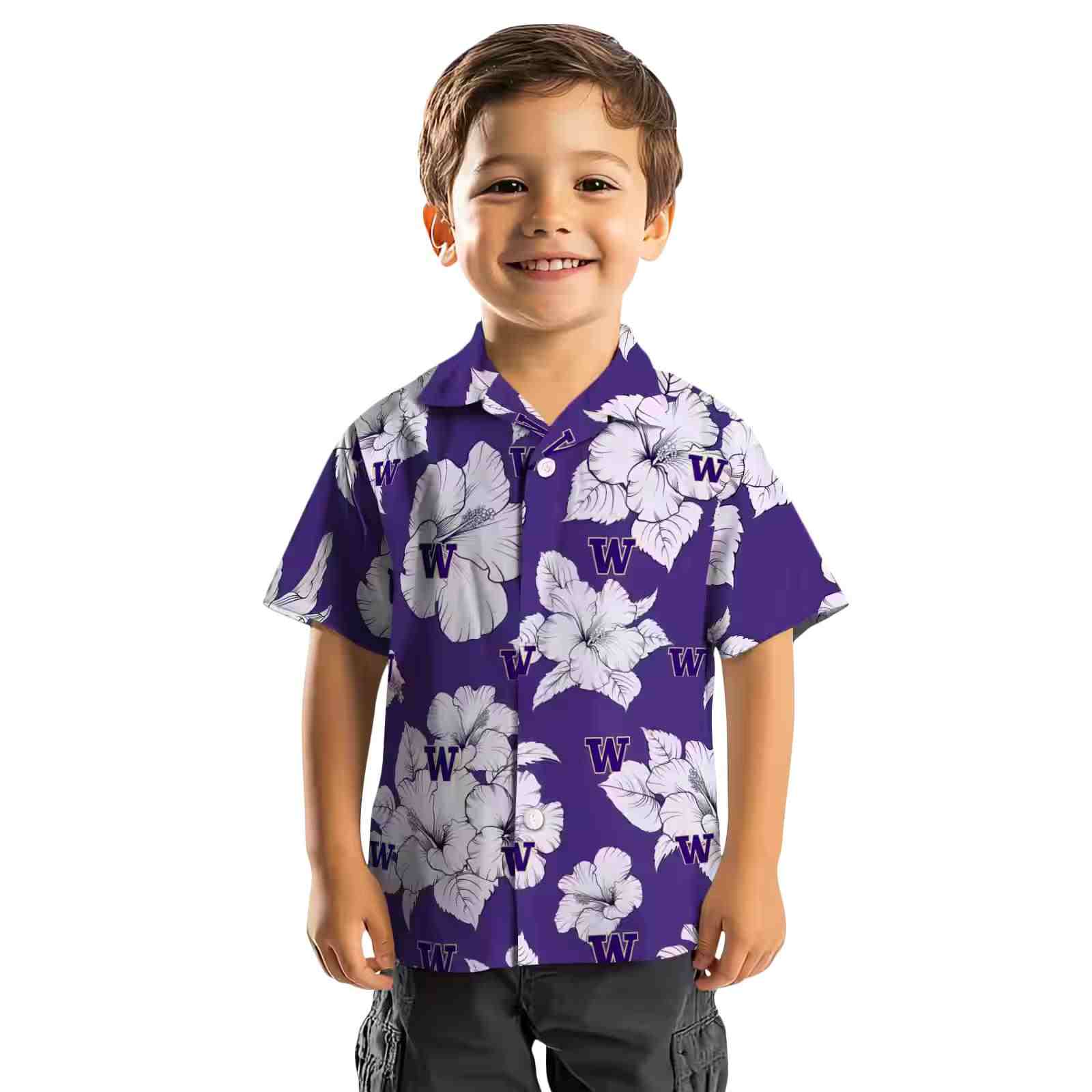 washington huskies hibiscus blooms purple white hawaiian shirt top rated