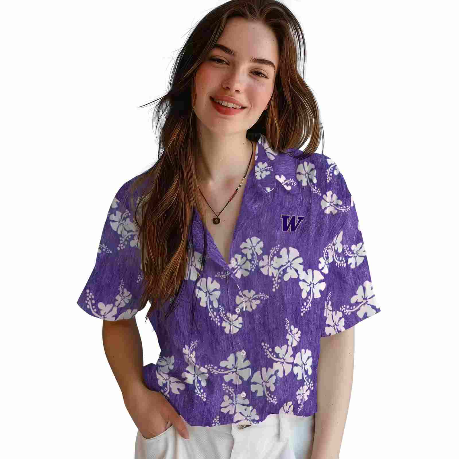 washington huskies hibiscus clusters purple hawaiian shirt latest model