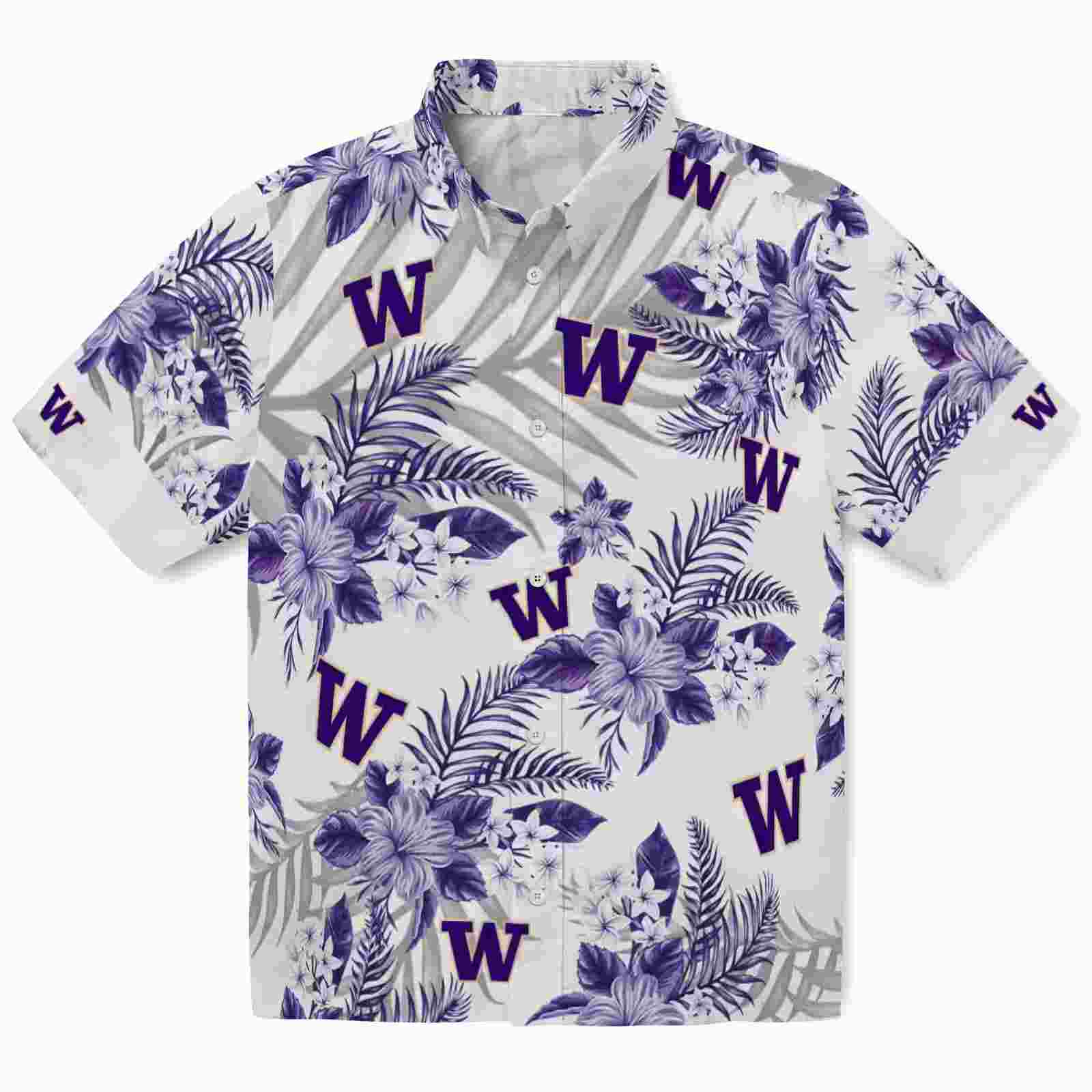 Washington Huskies Hibiscus Palm Leaves Purple White Hawaiian Shirt