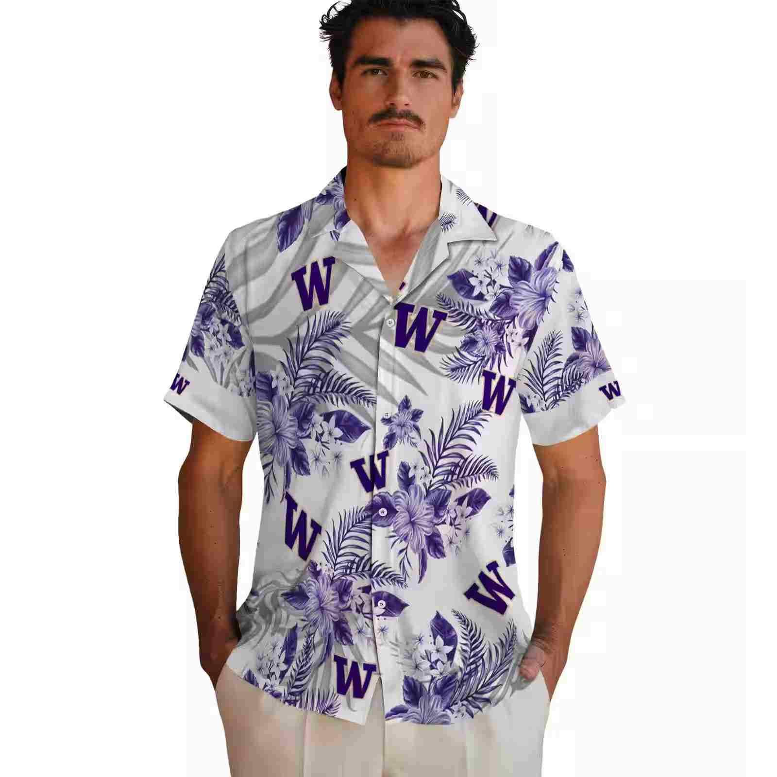 washington huskies hibiscus palm leaves purple white hawaiian shirt fashion forward