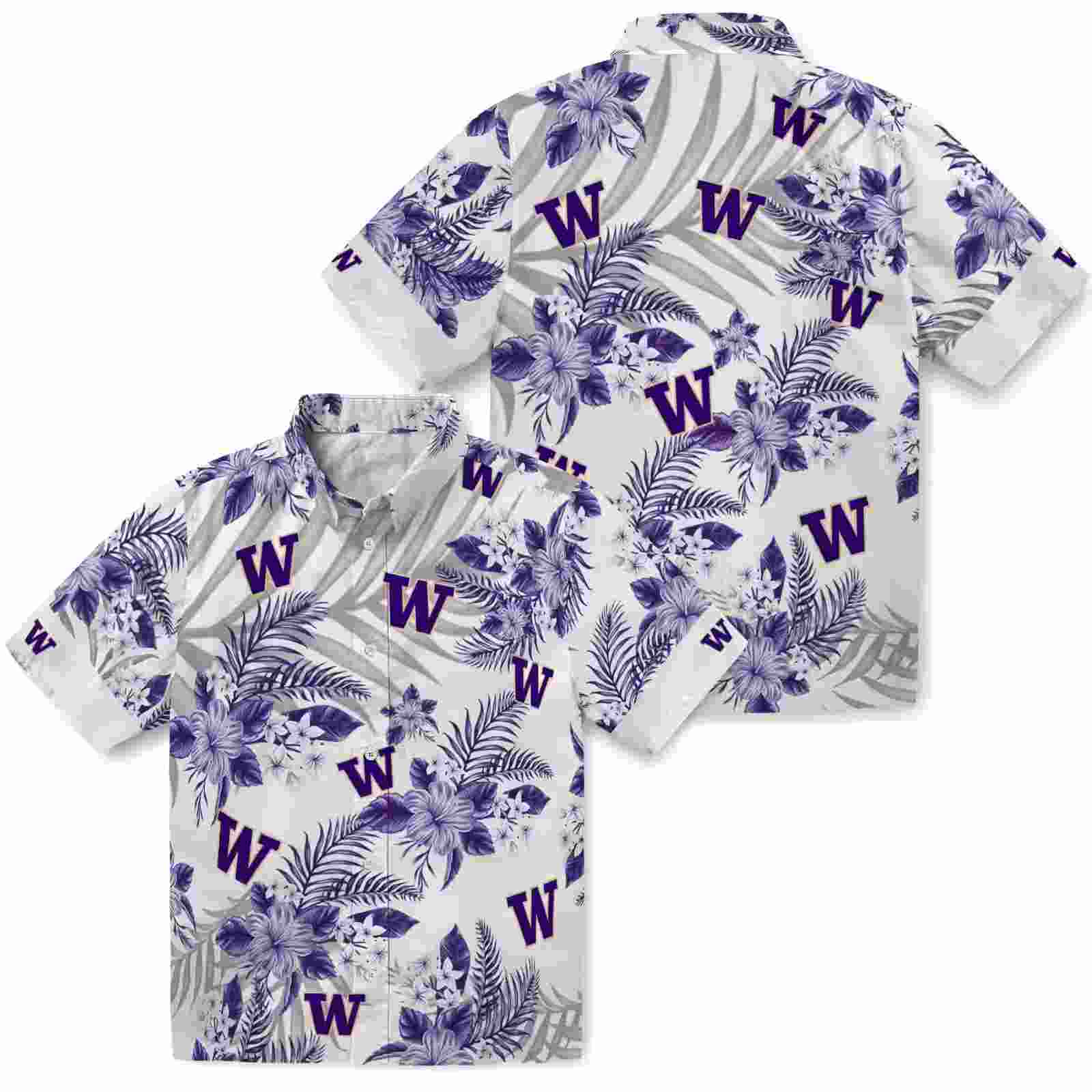 washington huskies hibiscus palm leaves purple white hawaiian shirt high quality