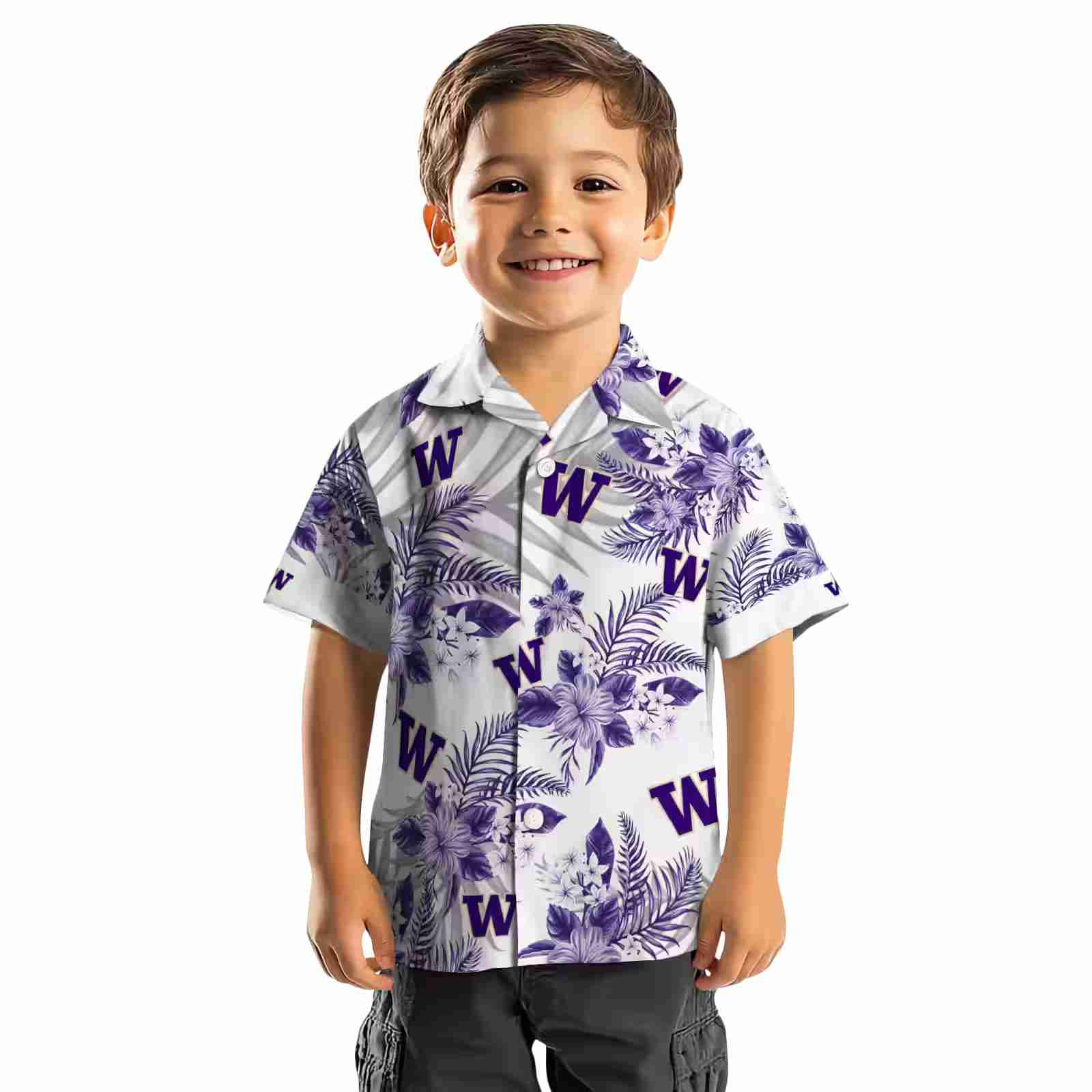 washington huskies hibiscus palm leaves purple white hawaiian shirt top rated