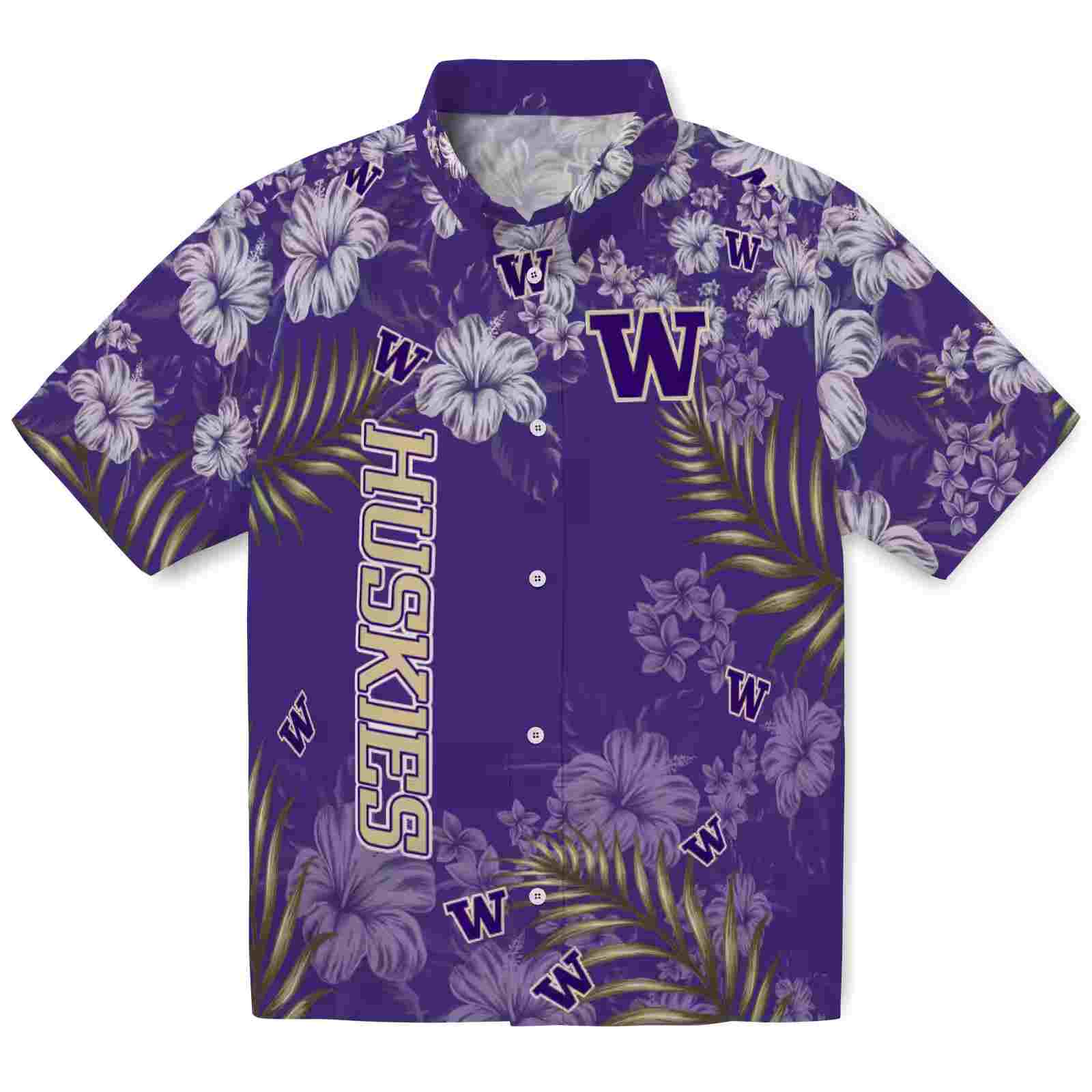 Washington Huskies Hibiscus Print Purple Hawaiian Shirt