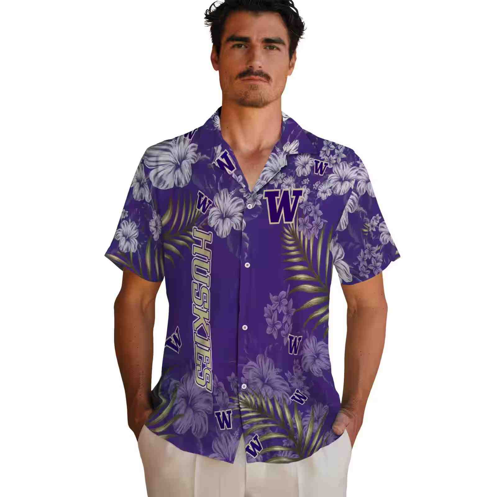 washington huskies hibiscus print purple hawaiian shirt fashion forward