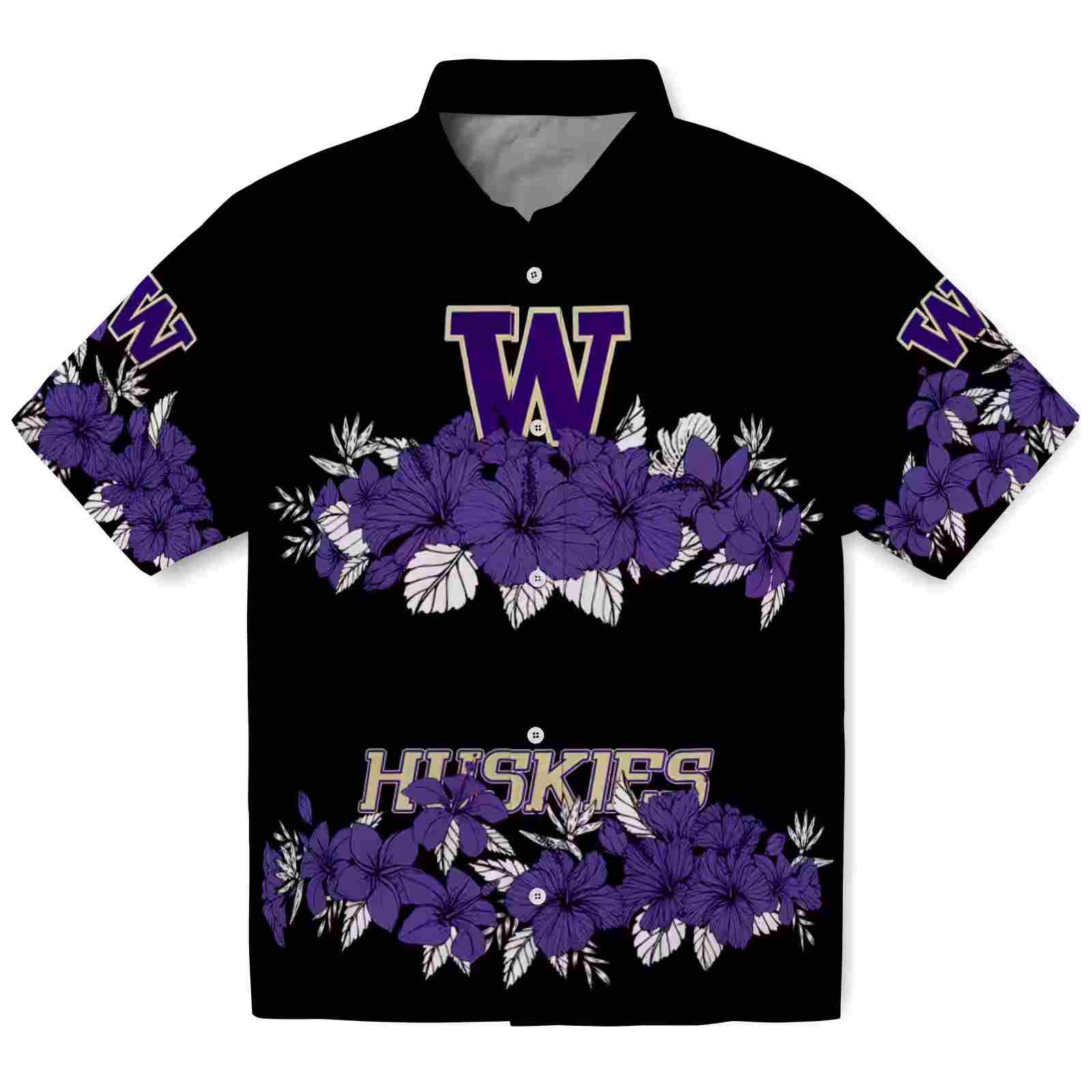 Washington Huskies Hibiscus Stripe Purple Black Hawaiian Shirt