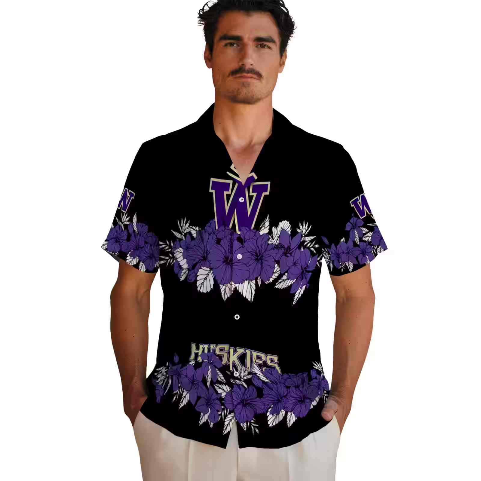 washington huskies hibiscus stripe purple black hawaiian shirt fashion forward