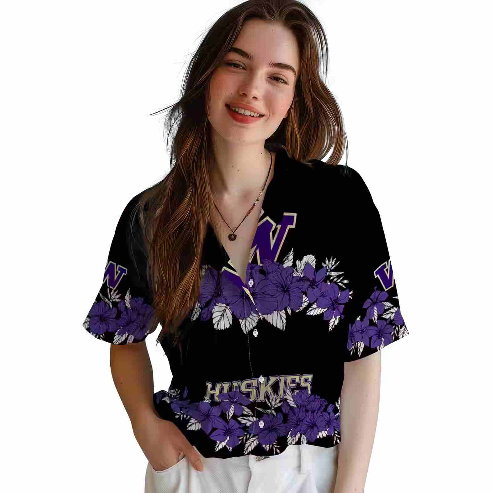 washington huskies hibiscus stripe purple black hawaiian shirt latest model