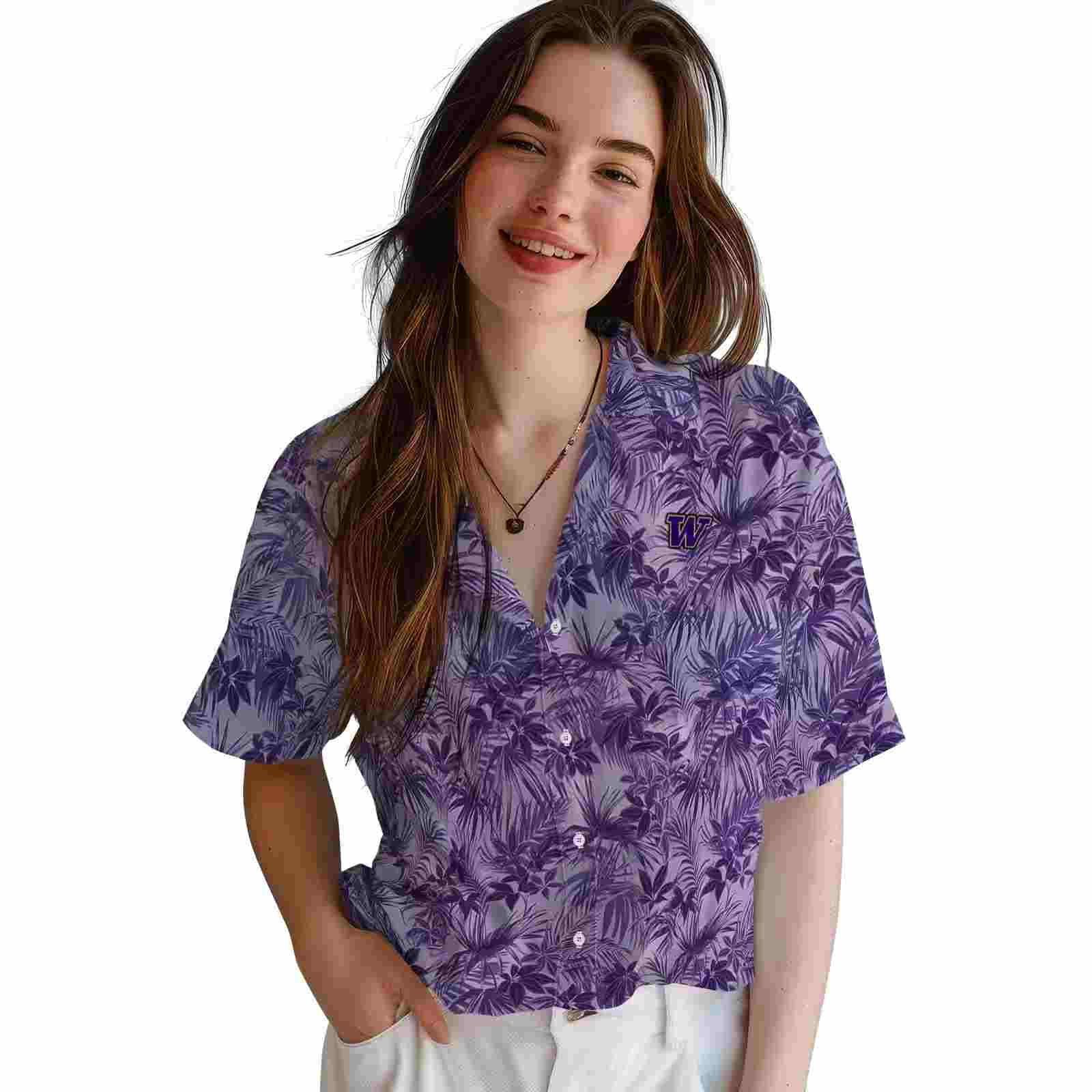 washington huskies leafy pattern purple hawaiian shirt latest model