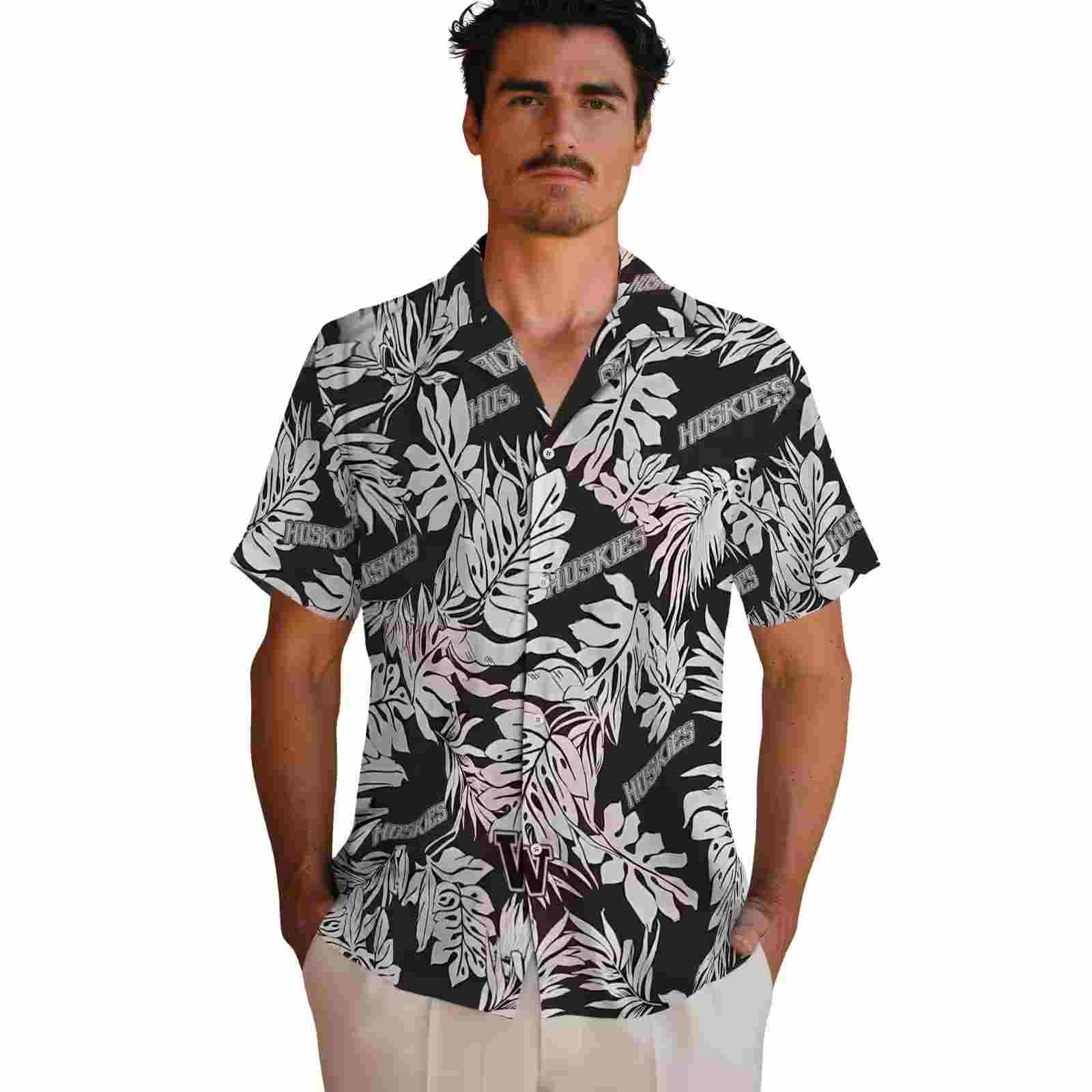 washington huskies monstera leaf pattern black hawaiian shirt fashion forward